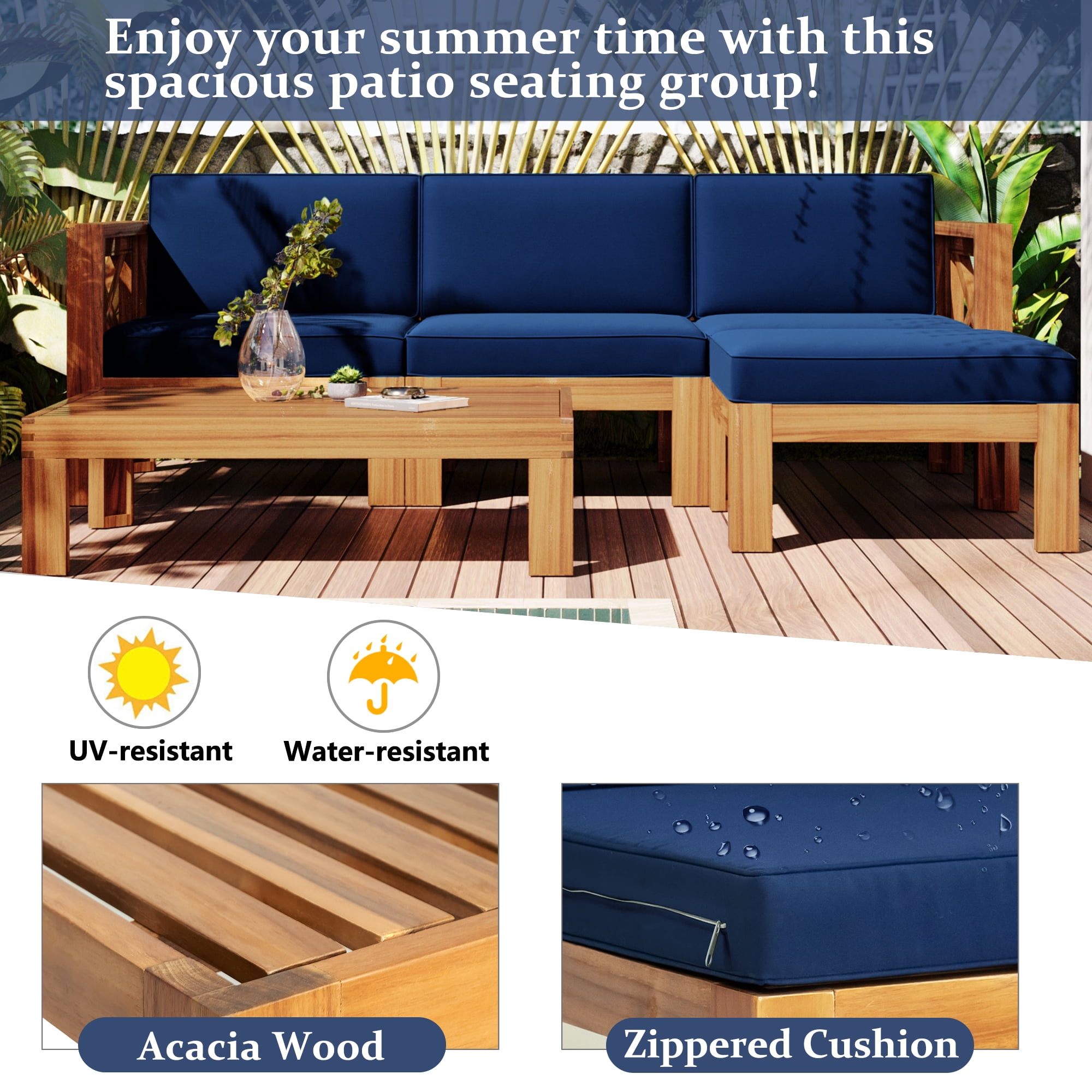 Euroco Outdoor Patio Wood 5-Piece Sectional Sofa Seating Group with Water-Resistant Cushions (Natural Finish, Blue, 5-Piece Set) ym4qv