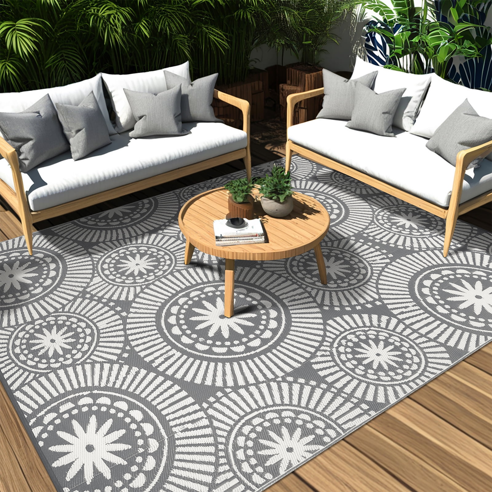 Ileading Reversible Outdoor Rug Floral Waterproof Patio Carpet (Grey, 6 ft Round) dj9ak