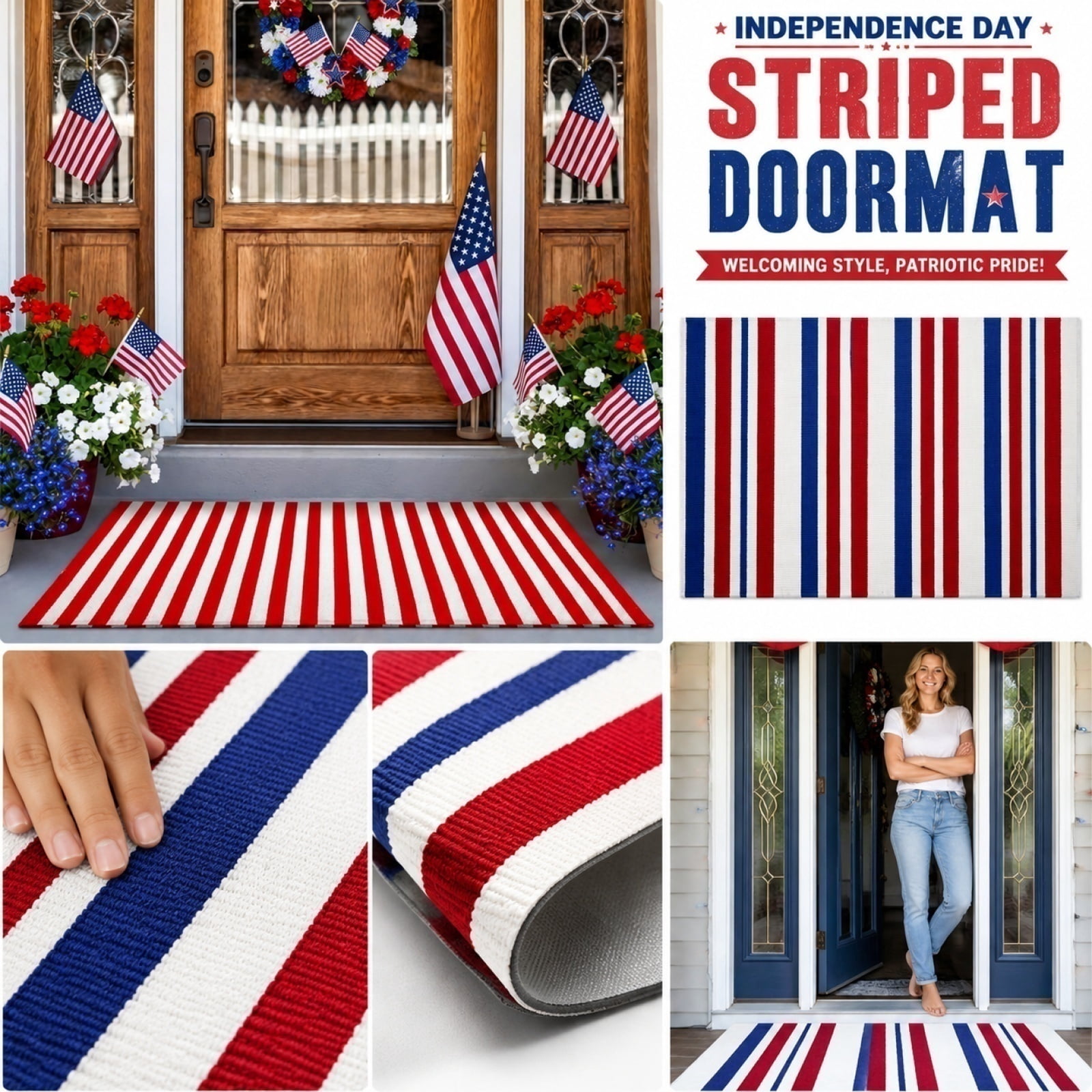 Drmagihm Patriotic Outdoor Mat, Reversible Red White Blue Stripe Rug for RV Camping, Picnic, and Porch (31.5 in x 47.3 in) q2335