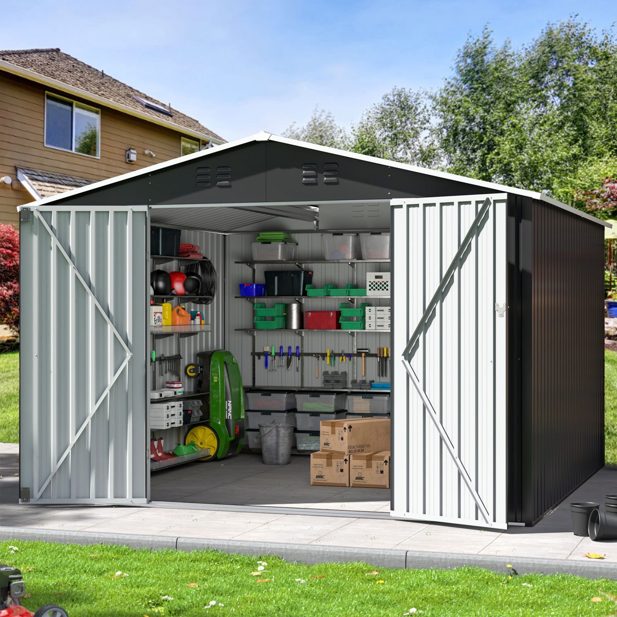 NETAJE Outdoor Metal Storage Shed with Lockable Doors and Sloped Roof (Gray, 10 ft x 10 ft) z15n8