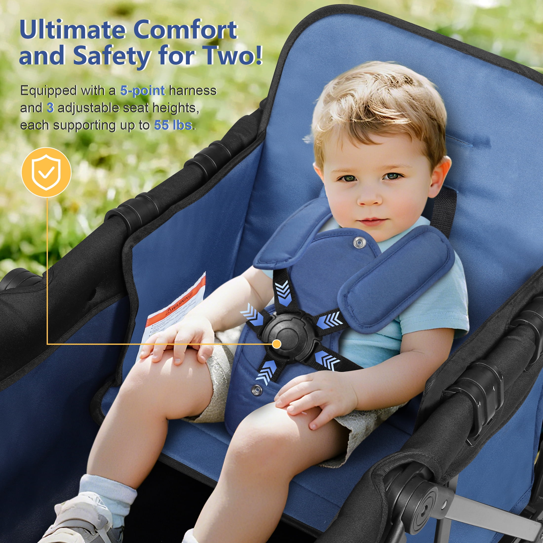 Minikid 2-Seater Wagon Stroller with Canopy and 5-Point Harness (Blue, 38 lb) jnqvp