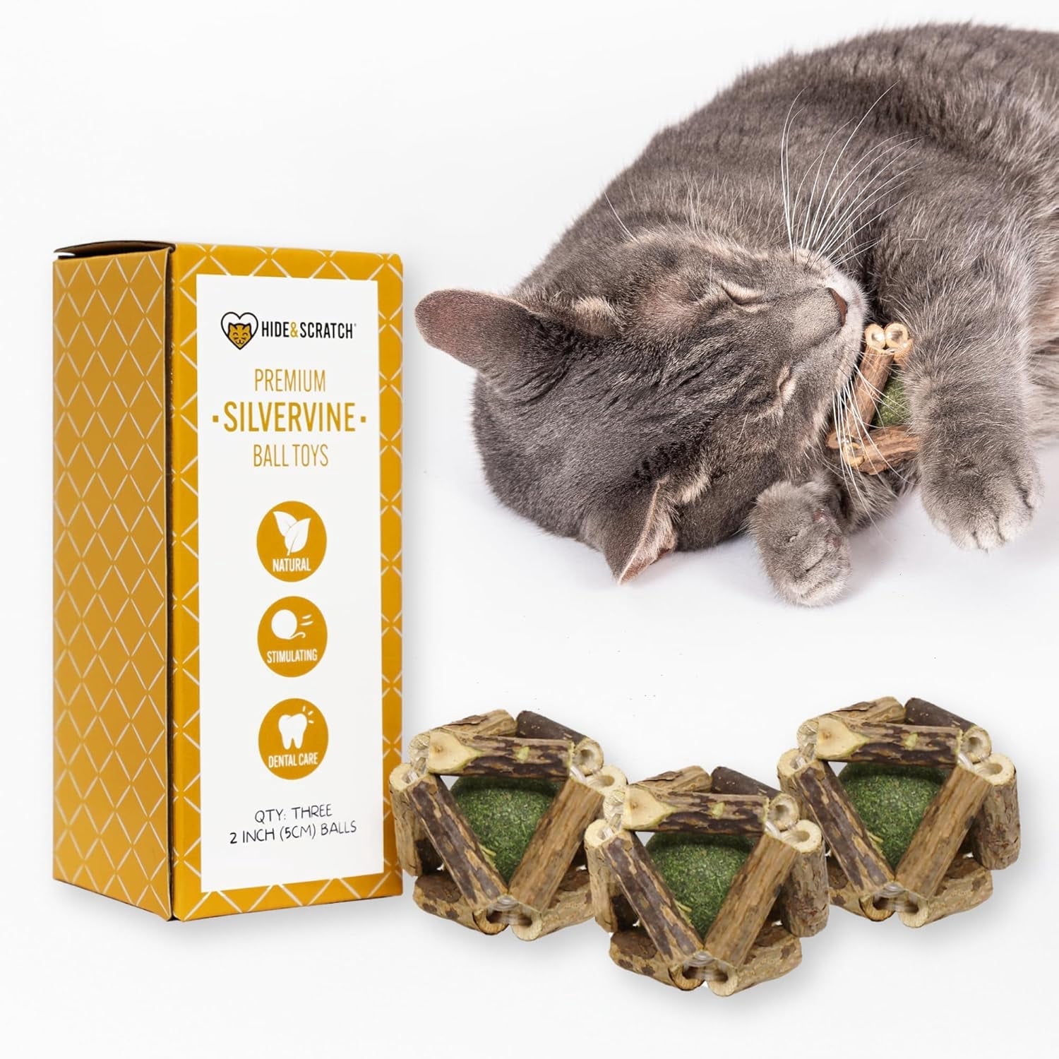 Hide & Scratch Silvervine and Catnip Rattle Ball Toys for Cats (Natural, 3 Pack, 2 in) c273n