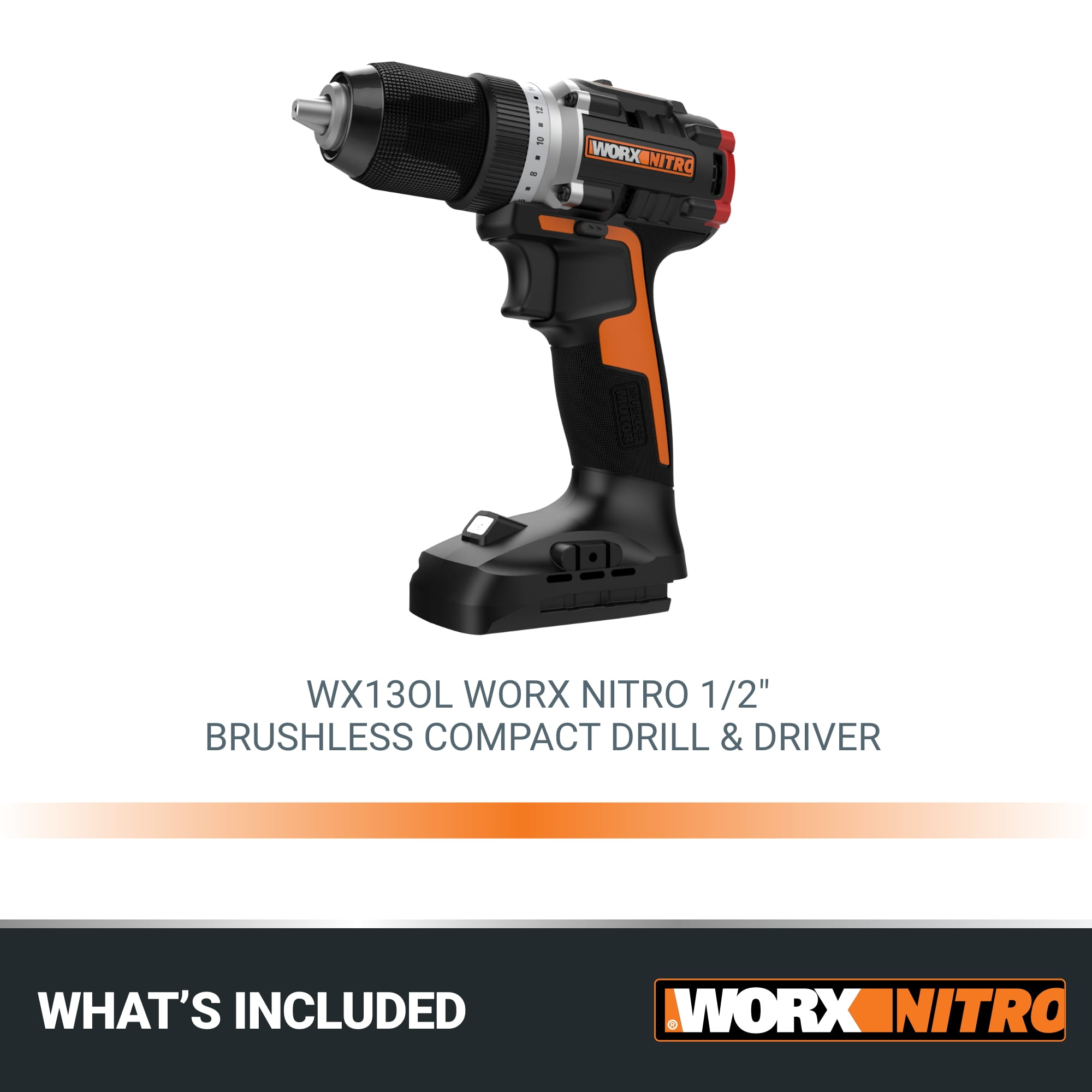 WORX Nitro WX130L.9 20V Compact Brushless 1/2 in Drill/Driver (Tool Only, 3 lb) q4264