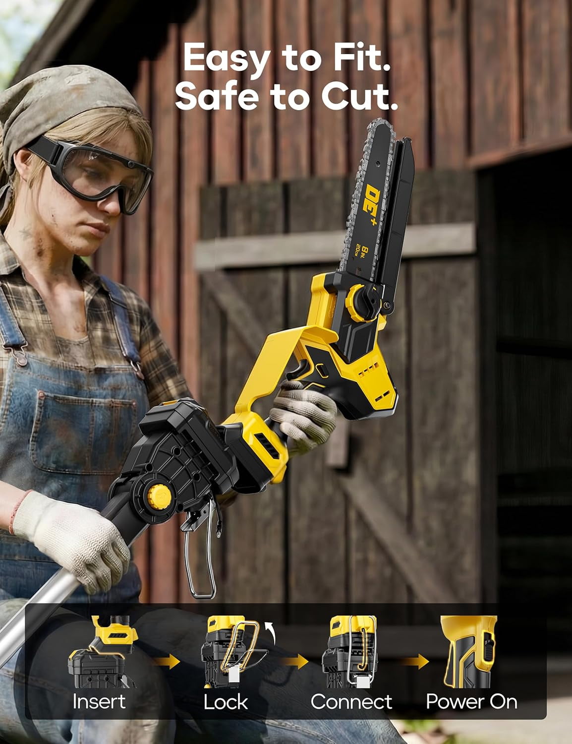 VANQUE 2-in-1 Cordless Pole Saw for DeWalt 20V Max Battery, Brushless 8 in Mini Chainsaw for Tree Trimming (Yellow, 16 ft Reach) 4gsyb