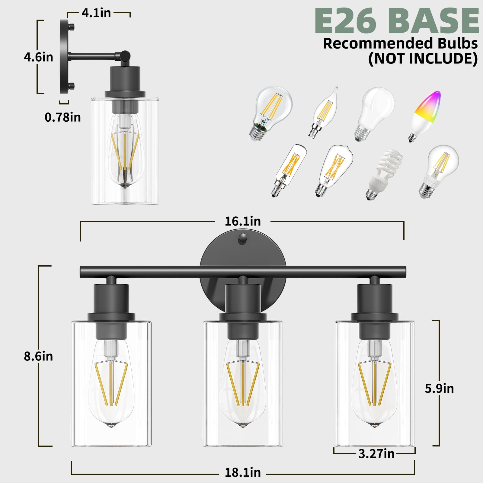 Cshidworld 3-Light Dimmable Vanity Light Fixture with Clear Glass Shades (Black, 22 in) w9c6d