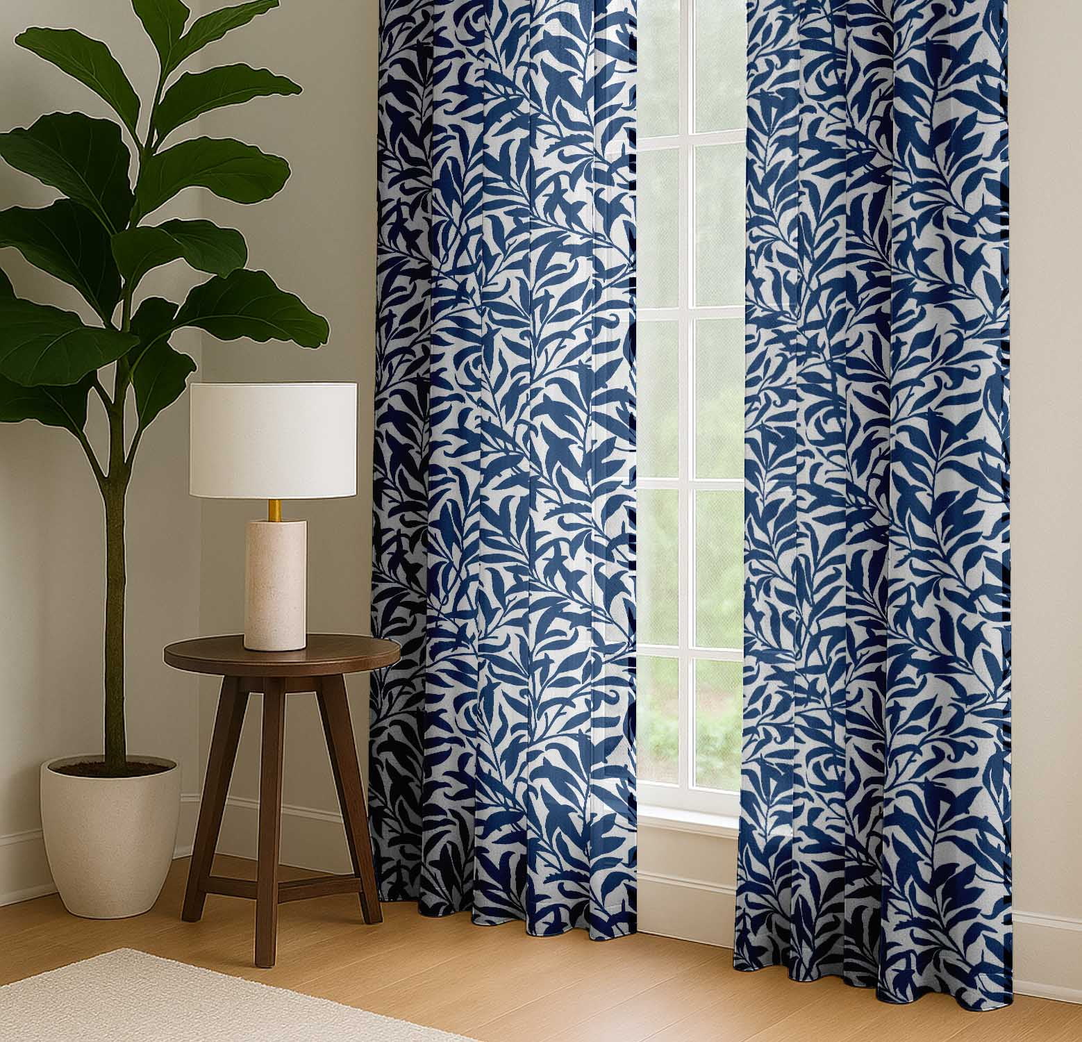 Vargottam Cotton Window Curtains, Light Filtering Drapes with Leaves Print (Blue, 52 in x 63 in, Set of 2) qvpy2