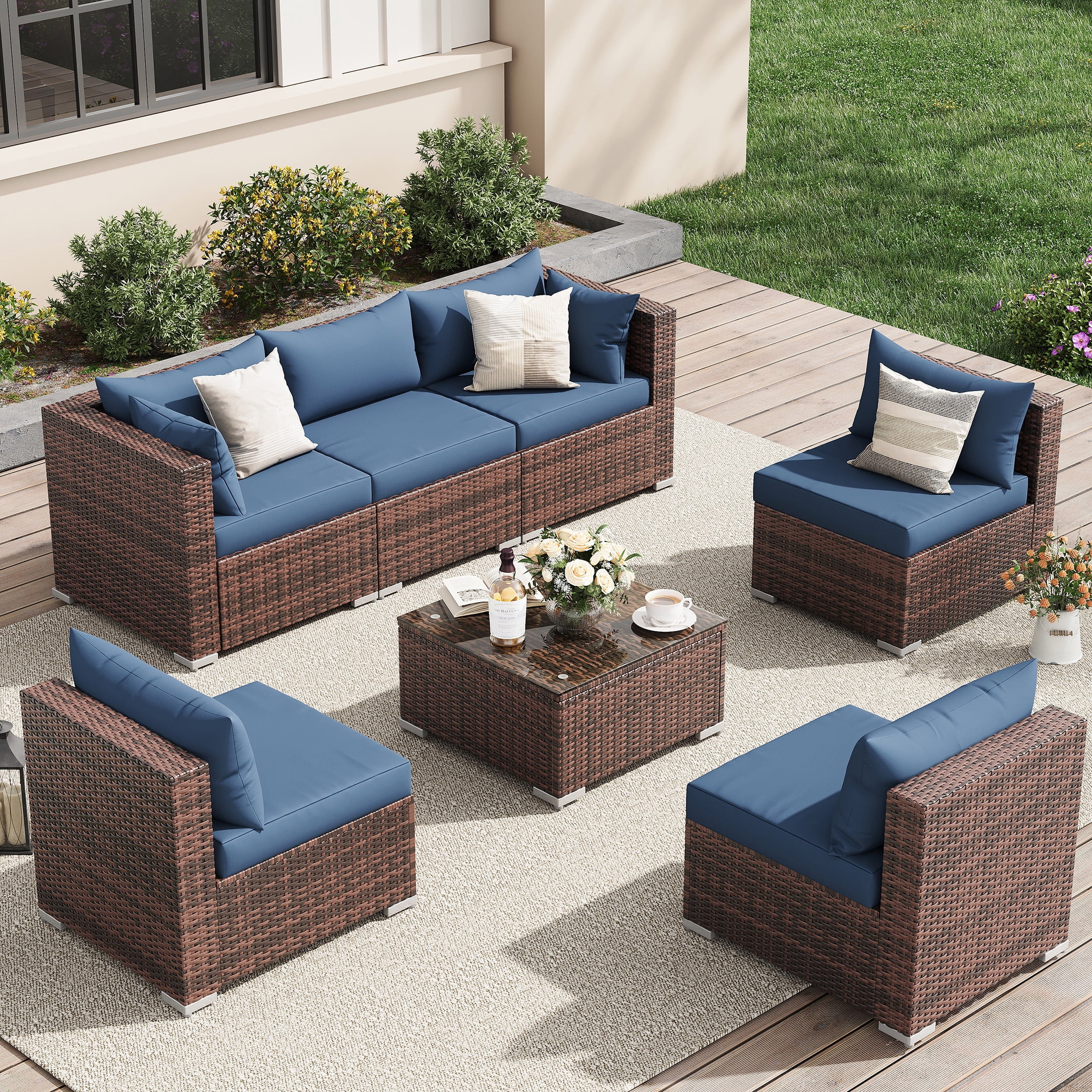 UDPATIO 7-Piece Wicker Modular Sectional Outdoor Conversation Set with Glass Coffee Table (Blue) 9nbg0 - Image 6