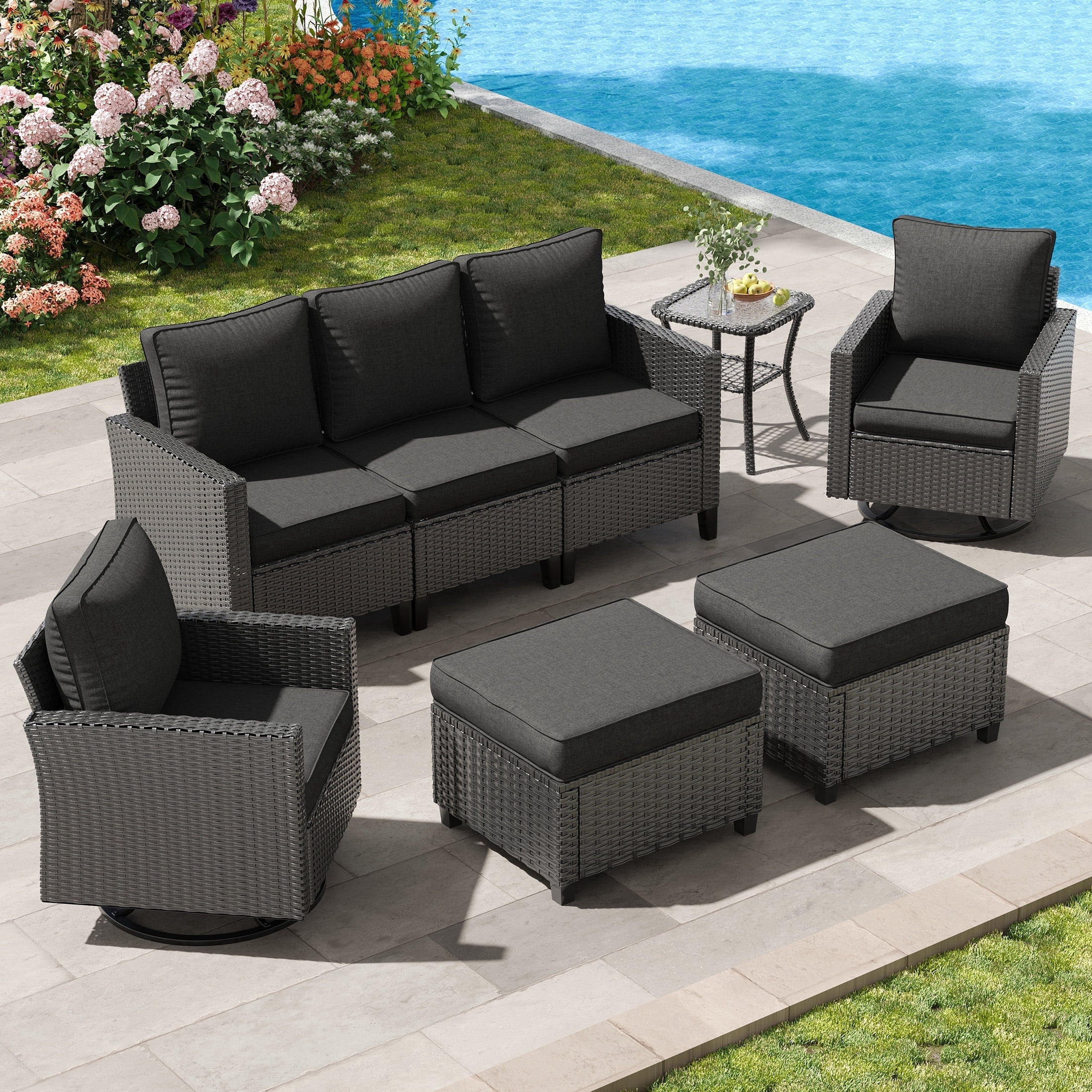 POTEBAN 6-Piece Outdoor Patio Furniture Set, Wicker Rattan Sectional Sofa with Swivel Chairs and Cushions (Black, 6-Piece Set) 1ypfo