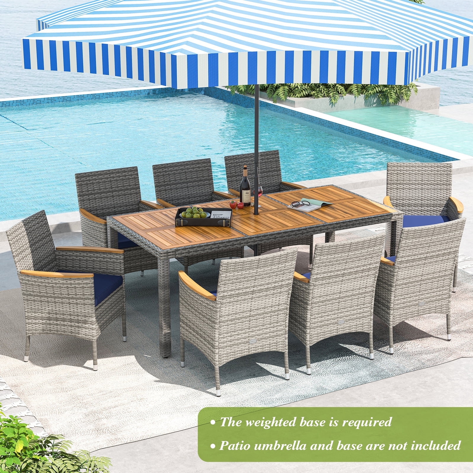 Gymax 9-Piece Patio PE Wicker Dining Set with Acacia Wood Table and Cushioned Chairs (Navy, 9-Piece Set) xmgz5