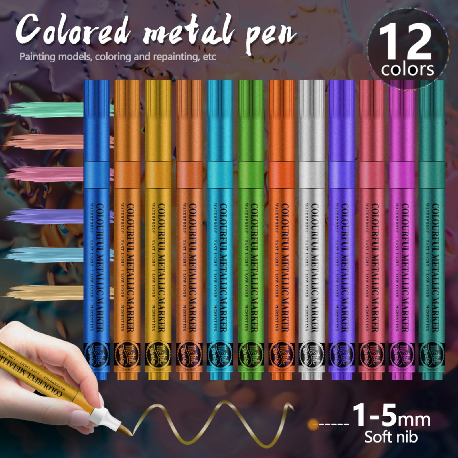 Goohae Metallic Acrylic Paint Markers, Quick-Dry Permanent Pens for Rock, Wood, and Glass (12-Pack, 0.03 fl oz) l0mc4