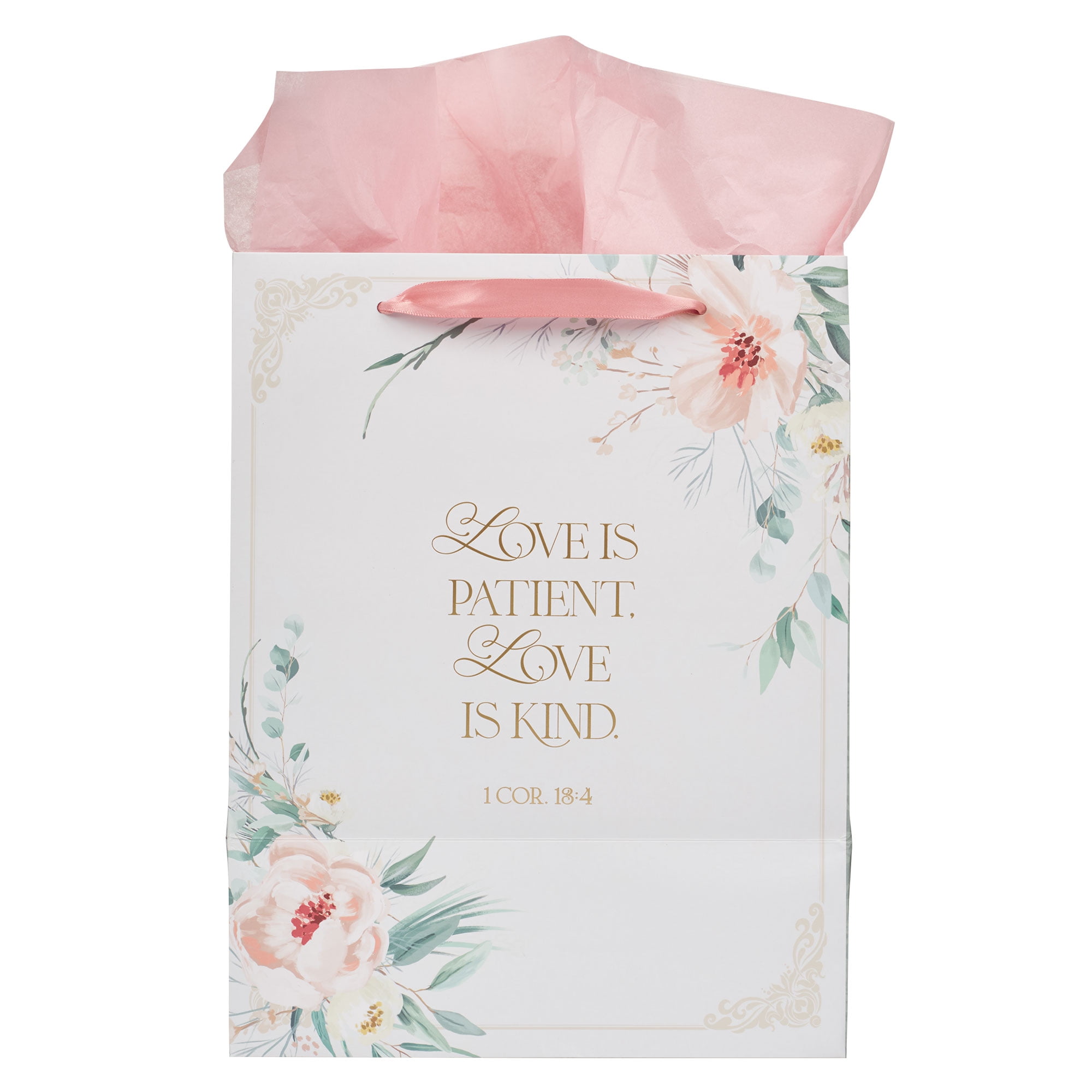 Christian Art Gifts Large Inspirational Scripture Gift Bag Set with Tissue Paper and Tag (White and Pink Floral, 13 in x 10 in x 7 in) 1ou6i