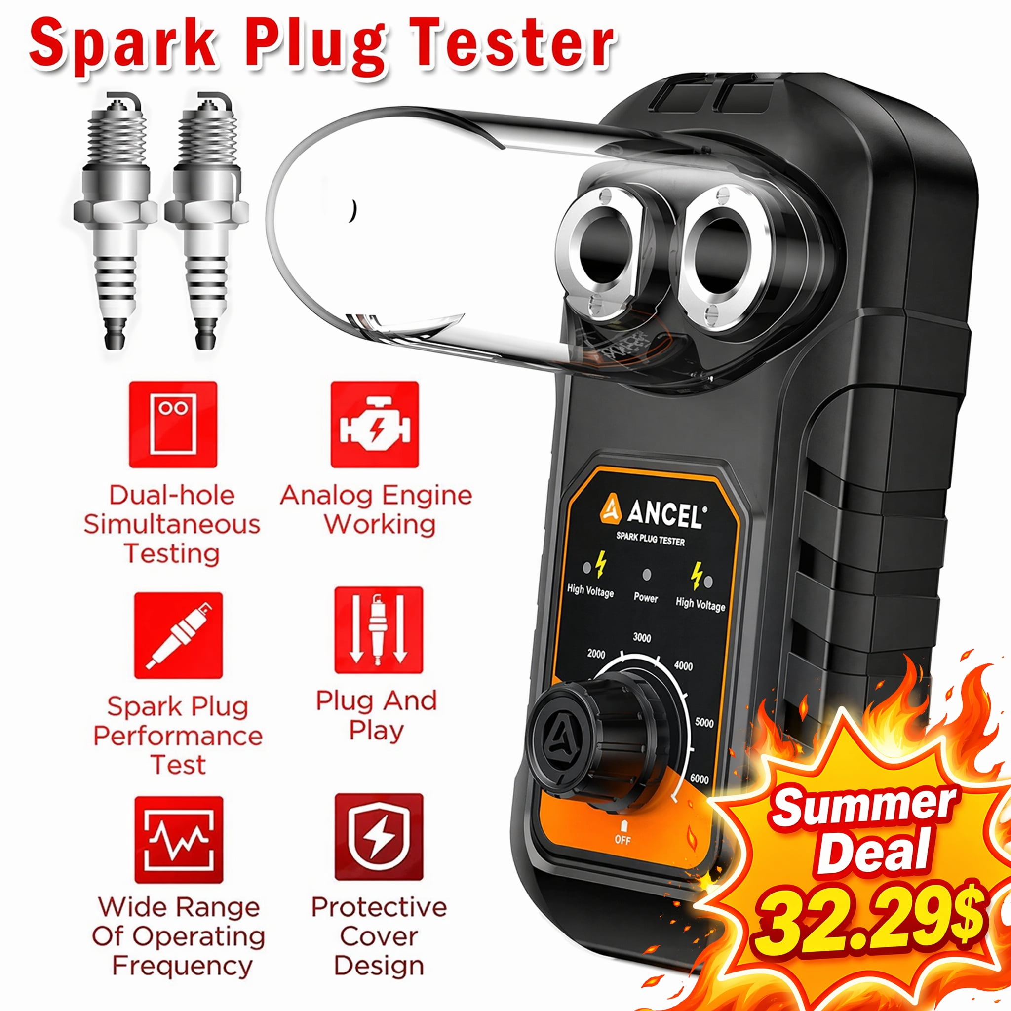 ANCEL Spark Plug Tester, Dual Hole Ignition Diagnostic Tool for 12V Gasoline Engines (Black, 1 Pack) ldwkw