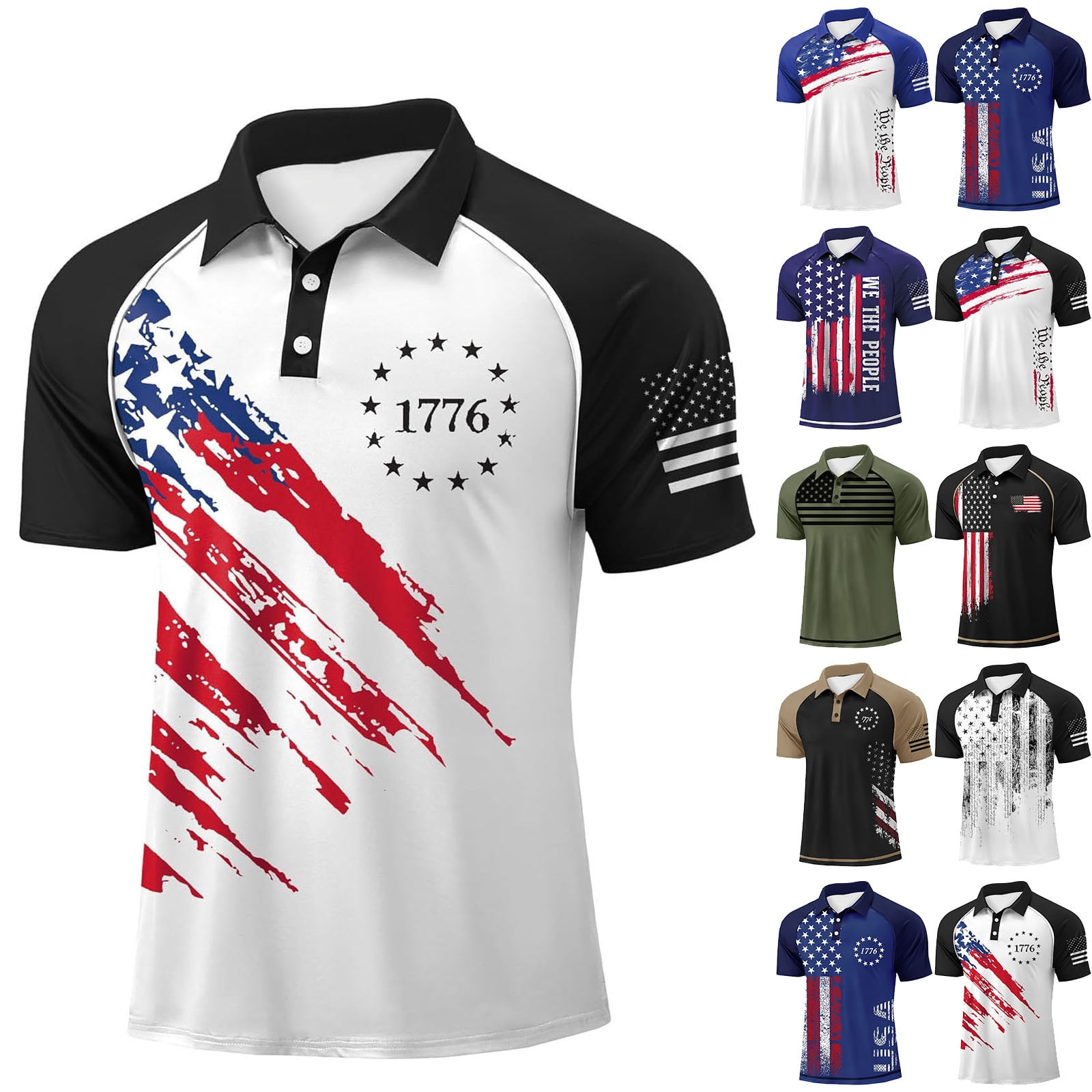 Havenx Mens American Flag Patriotic Polo Shirt Short Sleeve Golf Top (Dark Blue, 3XL) ca21u