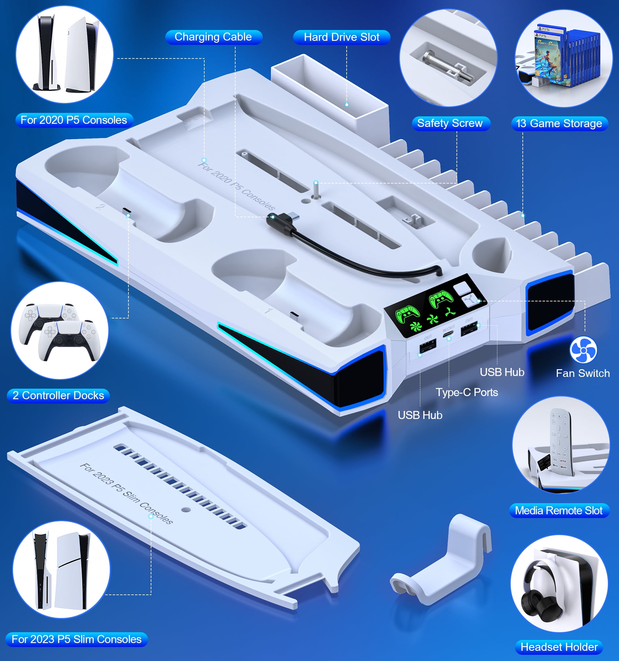 EUROA PS5 Cooling Stand with Dual Controller Charger and 13 Game Slots (White, 1 Pack) 4e1o8