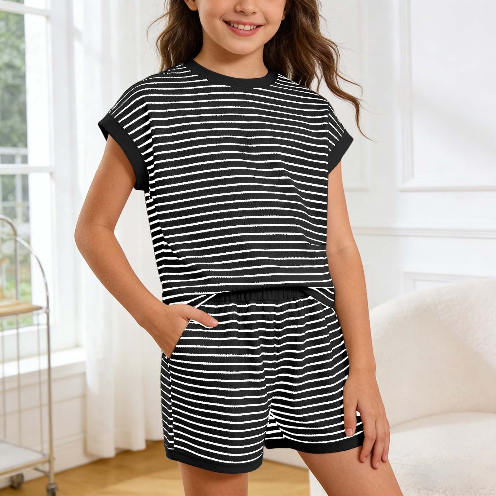 Glisme Girls Summer Outfit Set Striped Short Sleeve Crew Neck Shirt and Shorts (Black, 6-7 Years) 3uj8n