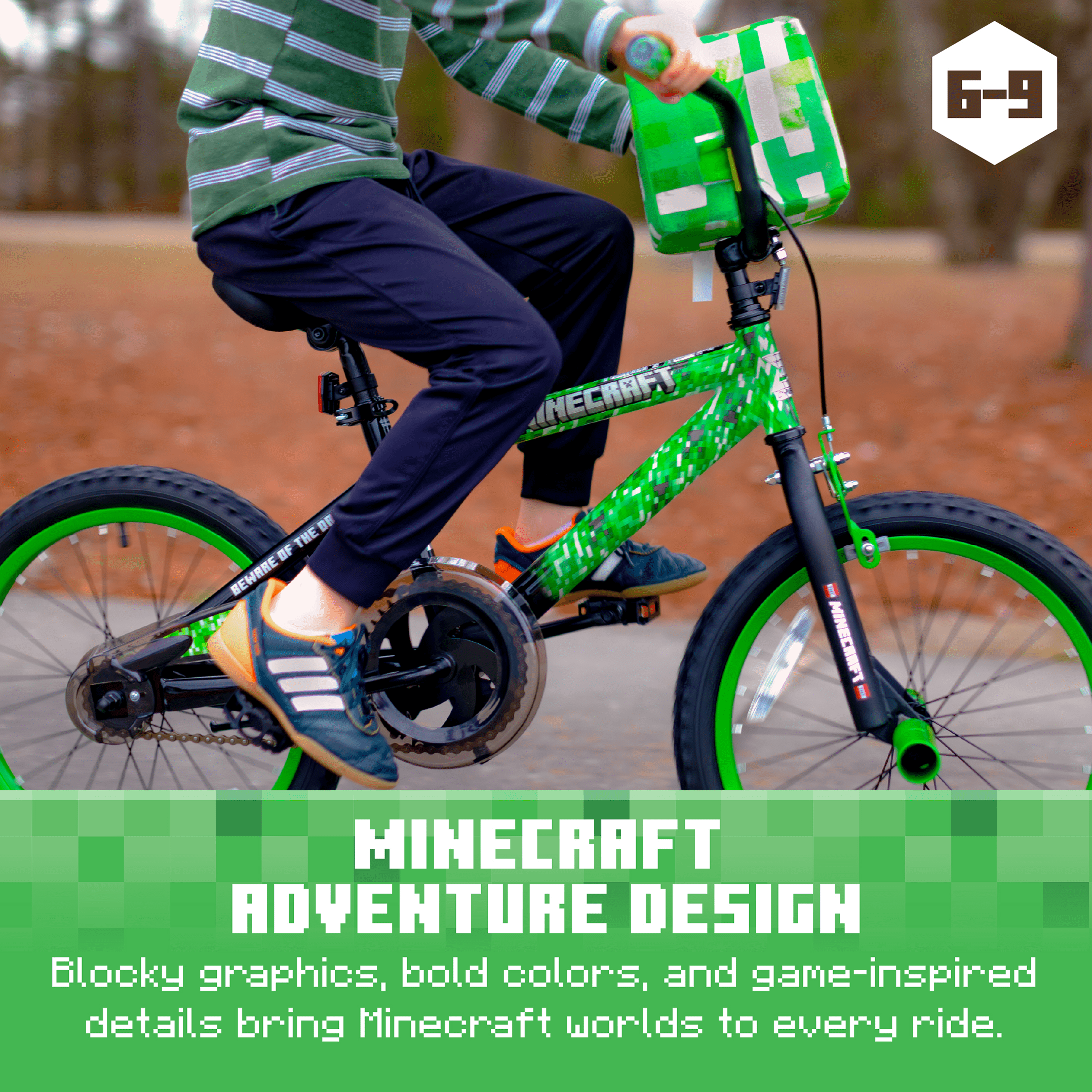Dynacraft Minecraft BMX Bike for Kids, Durable Steel Frame with Creeper Handlebar Bag (Green, 18 in) y5uls