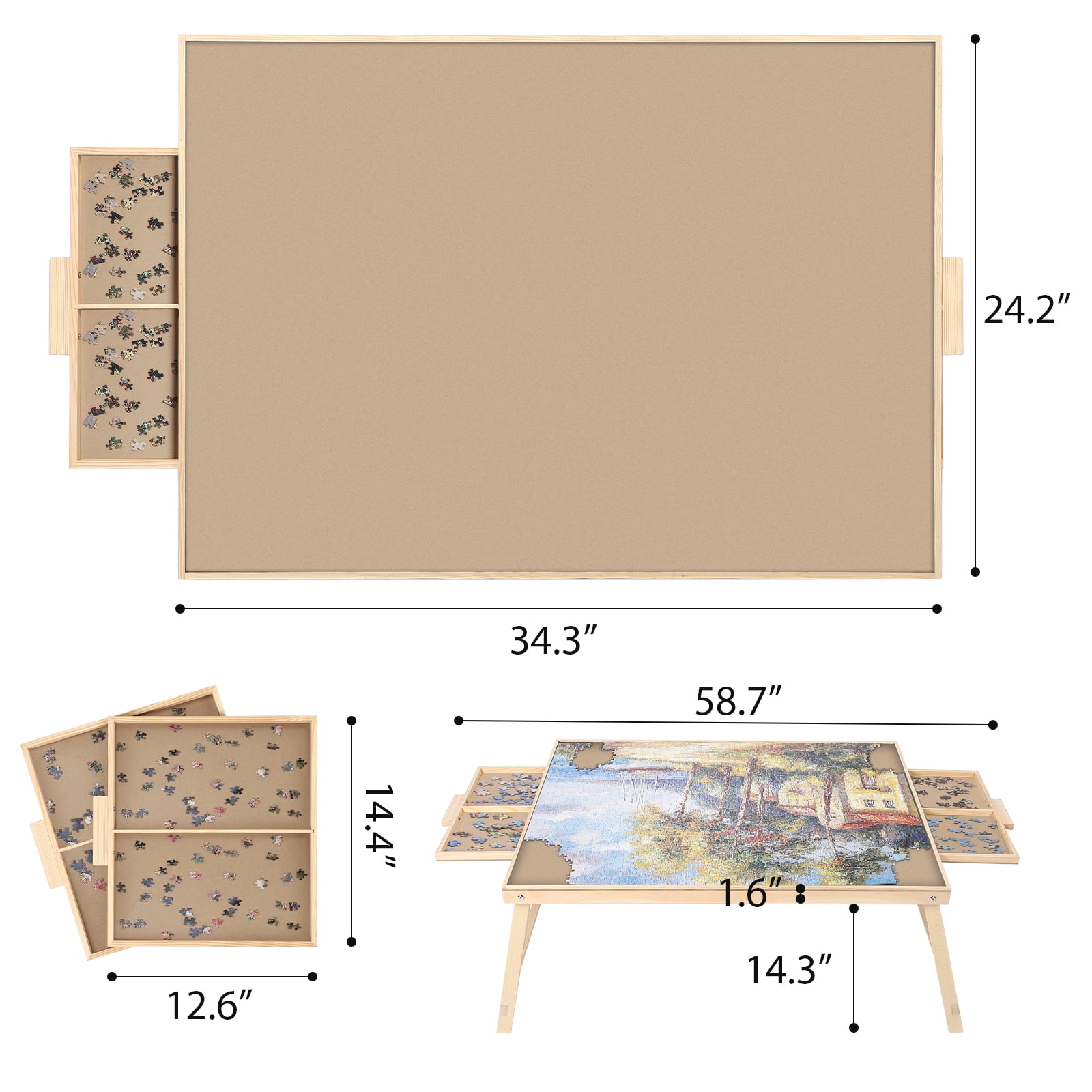 KALNUR Jigsaw Puzzle Board with Folding Legs and 2 Sliding Drawers (Natural Wood, 34 in x 26 in) 51zyj