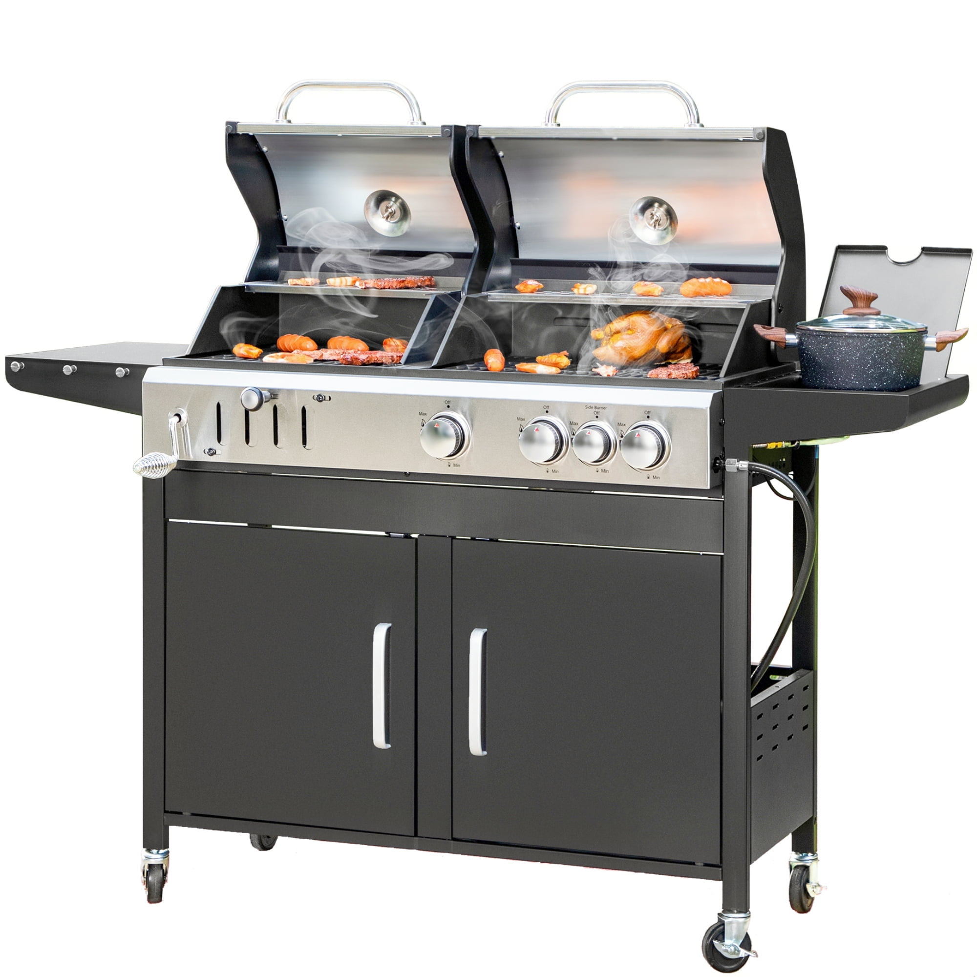 Alpha Joy Dual Fuel Gas and Charcoal Grill Combo with 3 Burners and Side Burner (Black, 685 sq in) 0fuzt