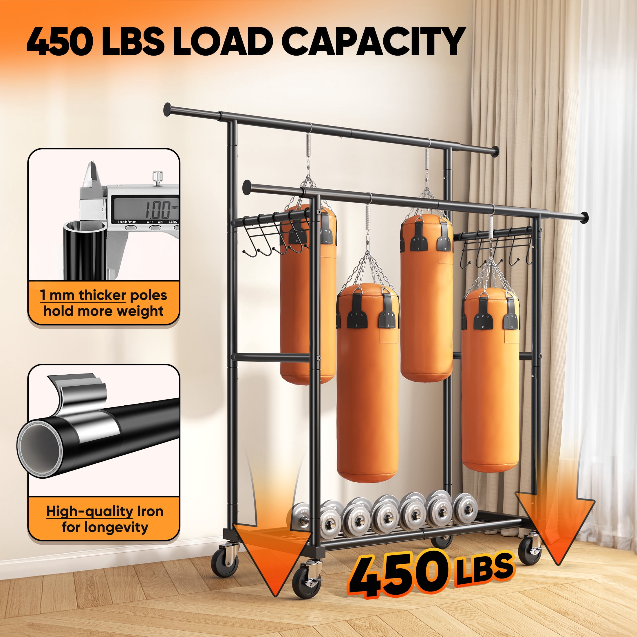 HOKEEPER Heavy Duty Double Rail Garment Rack with Shelves, Adjustable Rolling Clothes Organizer (Black, 450 lb Capacity) 00sgg