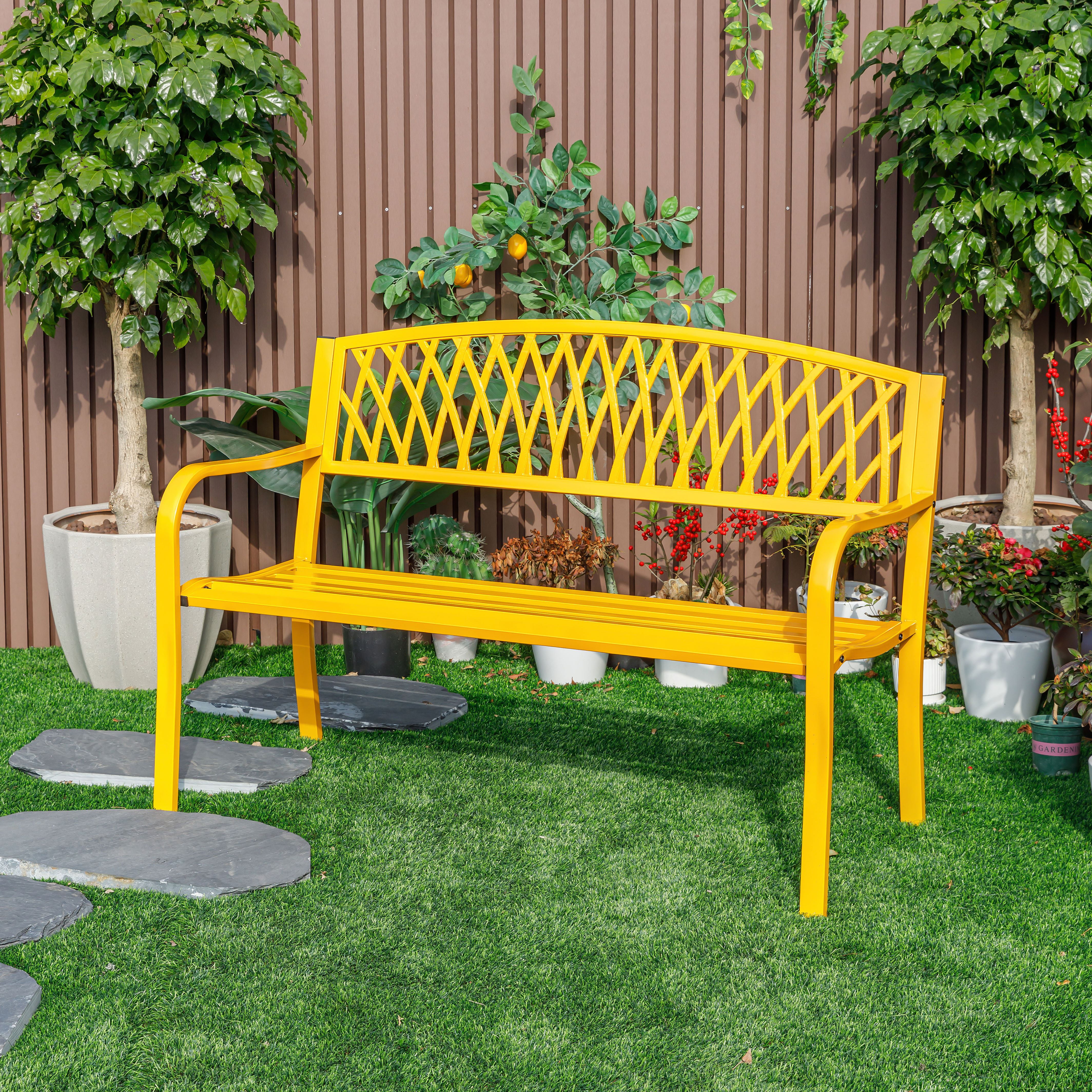 Hi-Line Gift Cast Iron Outdoor Garden Bench, Ergonomic Seating for Patio and Yard (Yellow, 50 in) mz81x