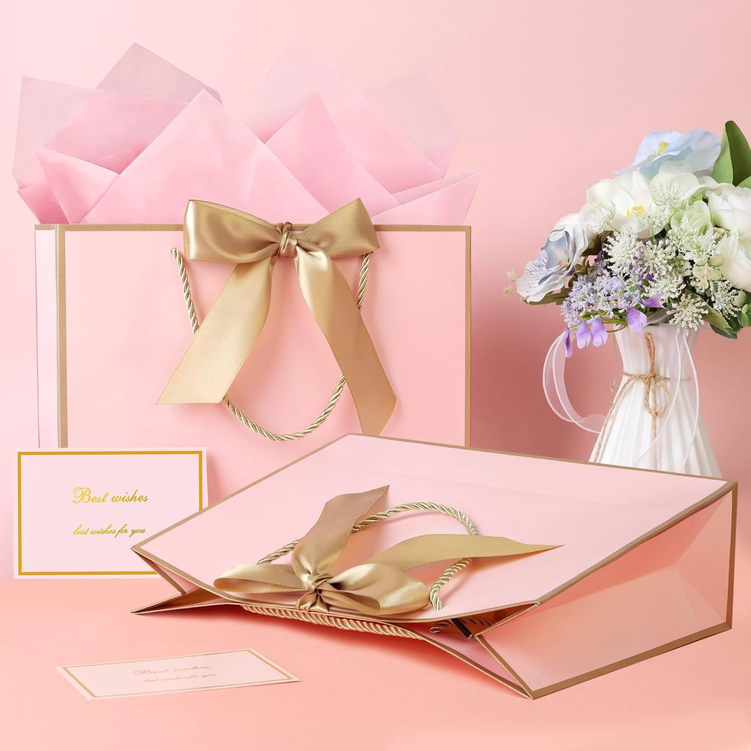 AUCLAY Large Gift Bags with Handles, Tissue Paper and Greeting Cards (Pink with Gold Trim, 3 Pack, 12.6 in) ylzpf