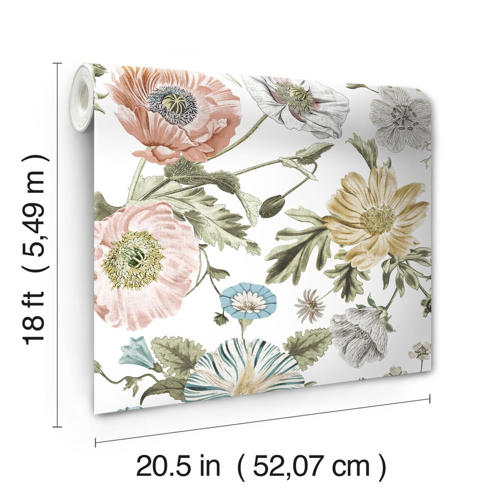 RoomMates Vintage Poppy Peel & Stick Wallpaper Removable Floral Wall Decor (Pink, 30.75 sq ft) loo51