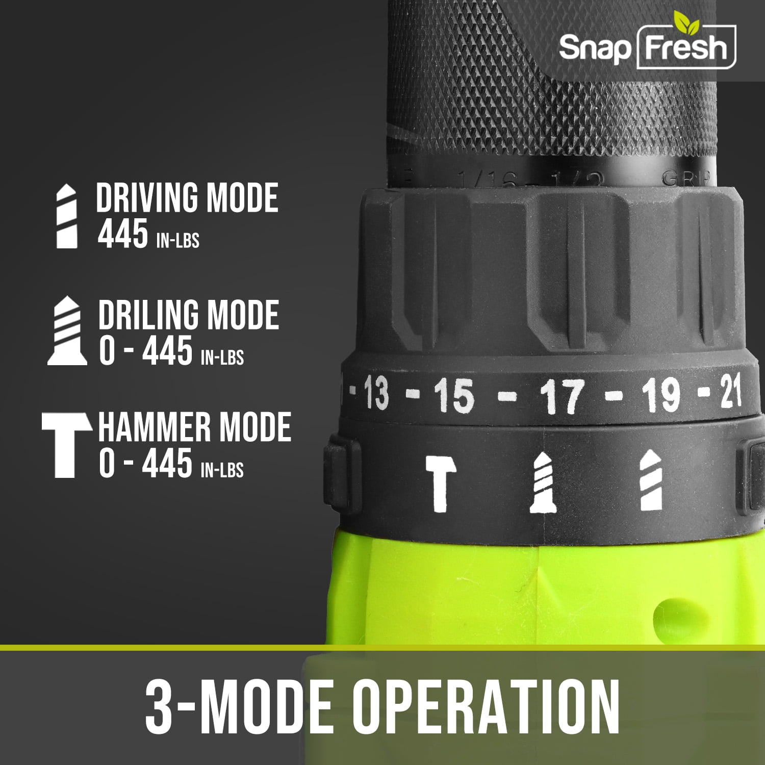 SnapFresh 20V Cordless Hammer Drill Set with 1/2-inch Metal Chuck, 445 In-Lbs Torque, 21+1 Settings (Green, 2.0Ah Battery) ob9rm