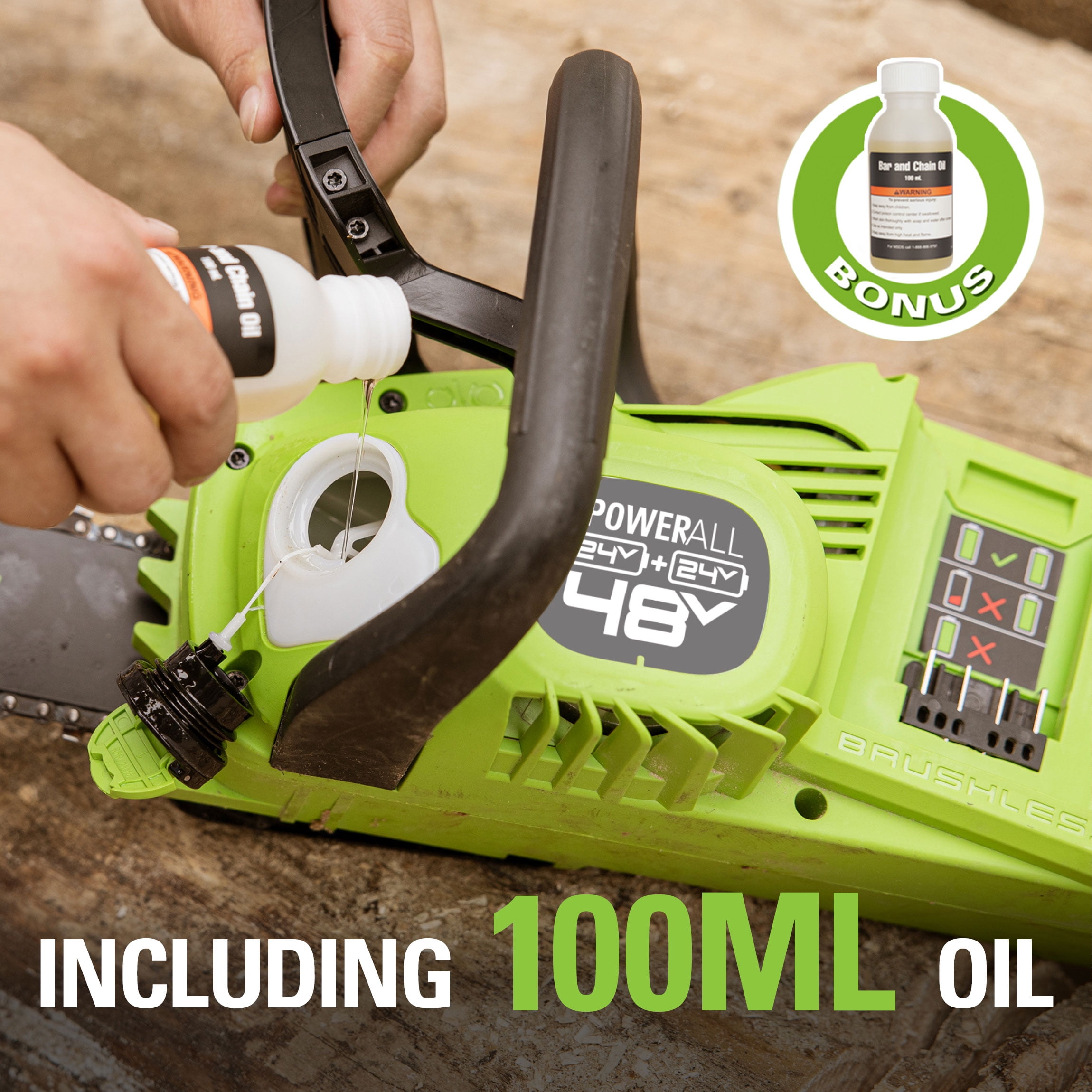 Greenworks 48V Cordless Brushless Chainsaw with (2) 4Ah Batteries and Dual Port Charger (14 in) 8ecq5