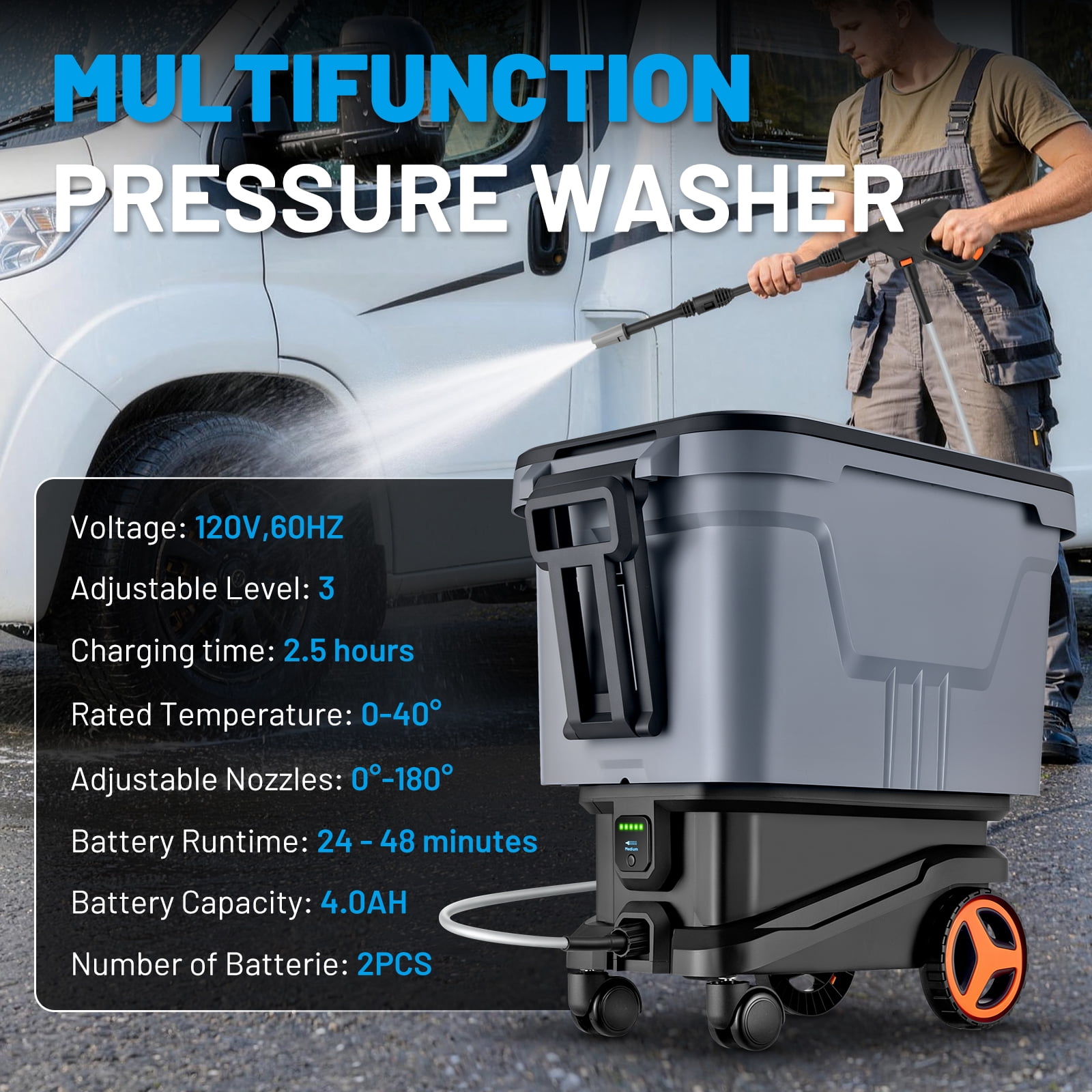SPEEDWOW 2000PSI Cordless Pressure Washer with 7.2 Gal Water Tank and 16 ft Hose (Black, 14 lb) avkg5