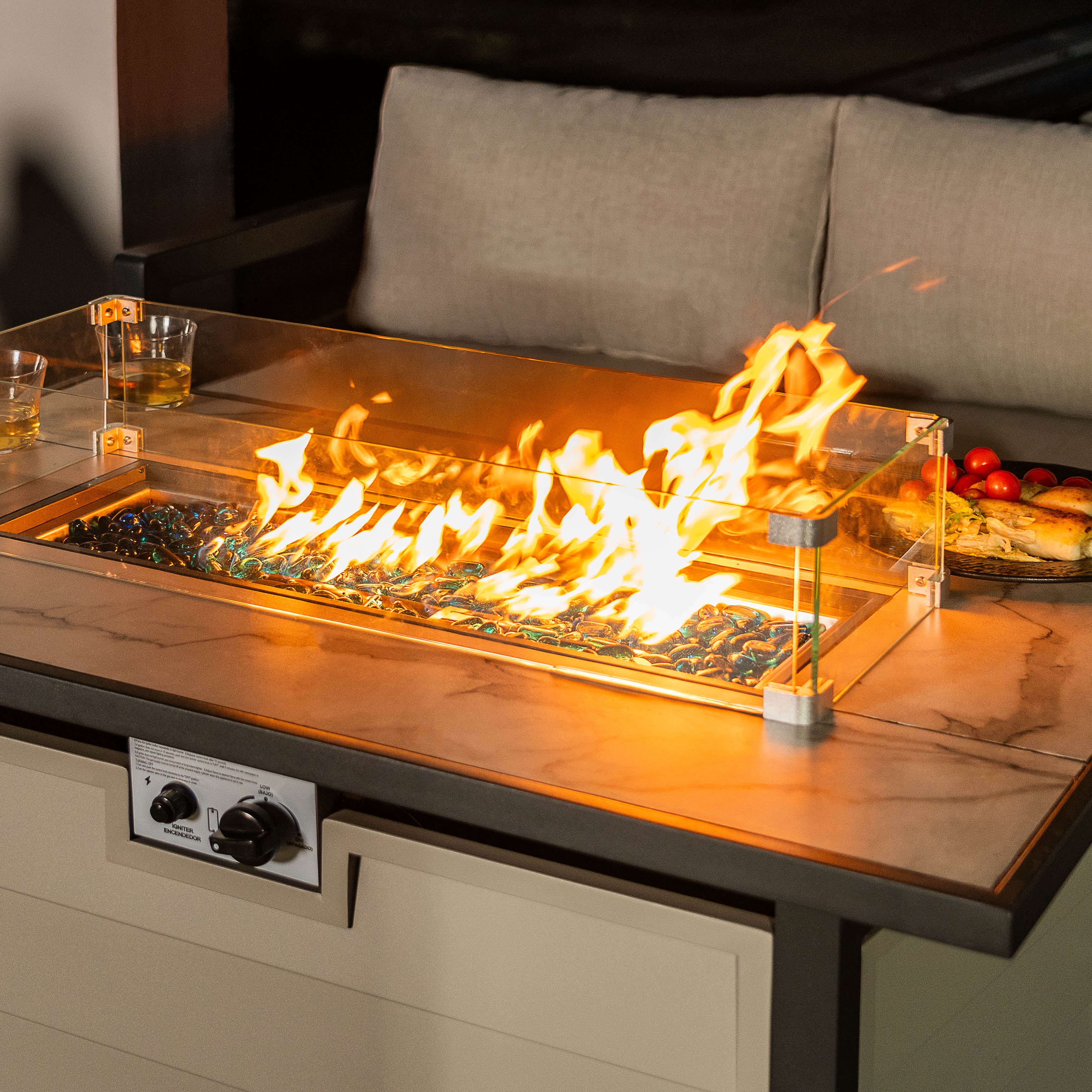 Nuu Garden 43 in Propane Fire Pit Table with Marble Texture Glass Top, 50,000 BTU Outdoor Gas Fireplace with Wind Guard and Lid (Ivory White, 43 in) 8llz3