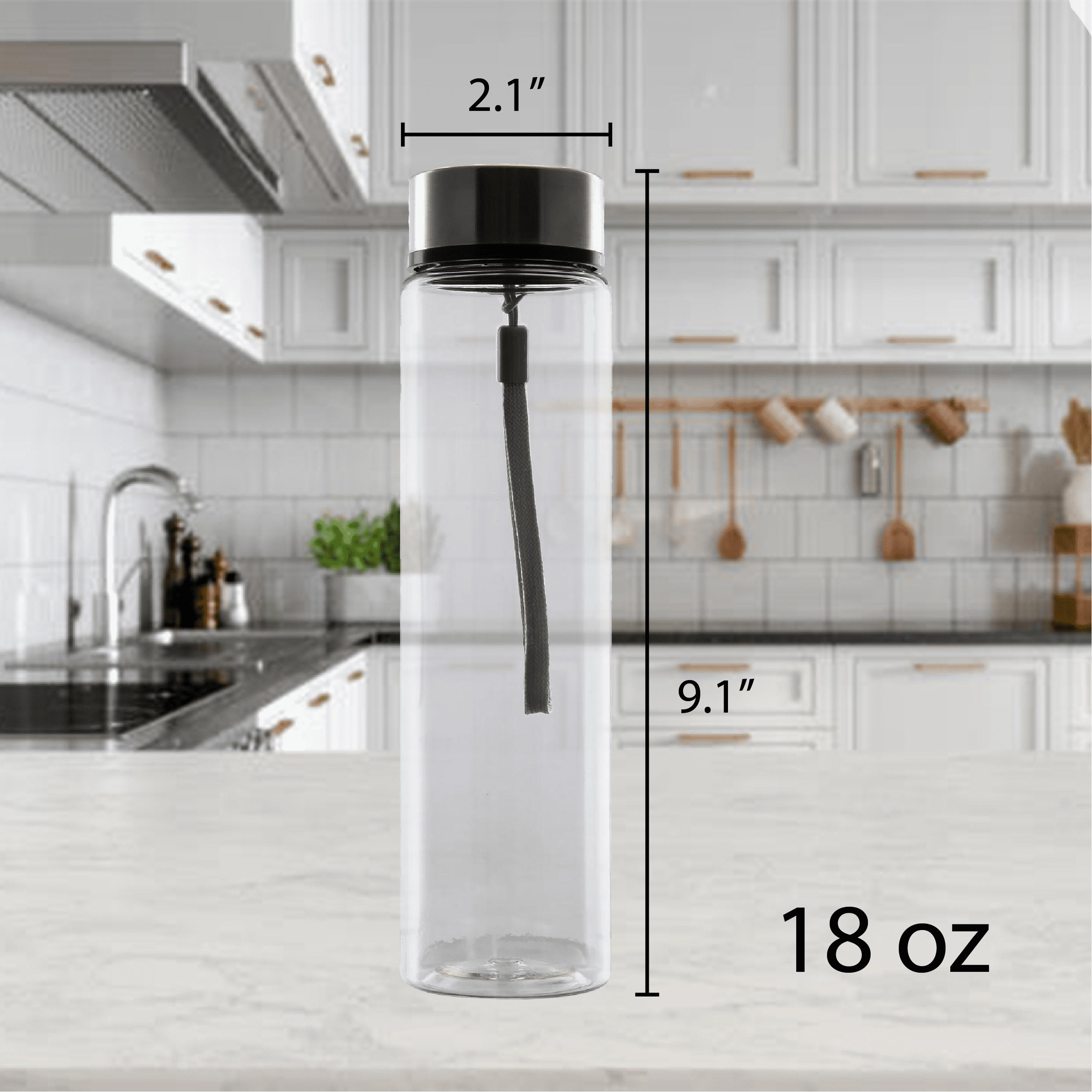 Mainstays Durable Plastic Water Container with Stainless Steel Screw Cap and Carry Strap (Clear, 18 oz) fgjok