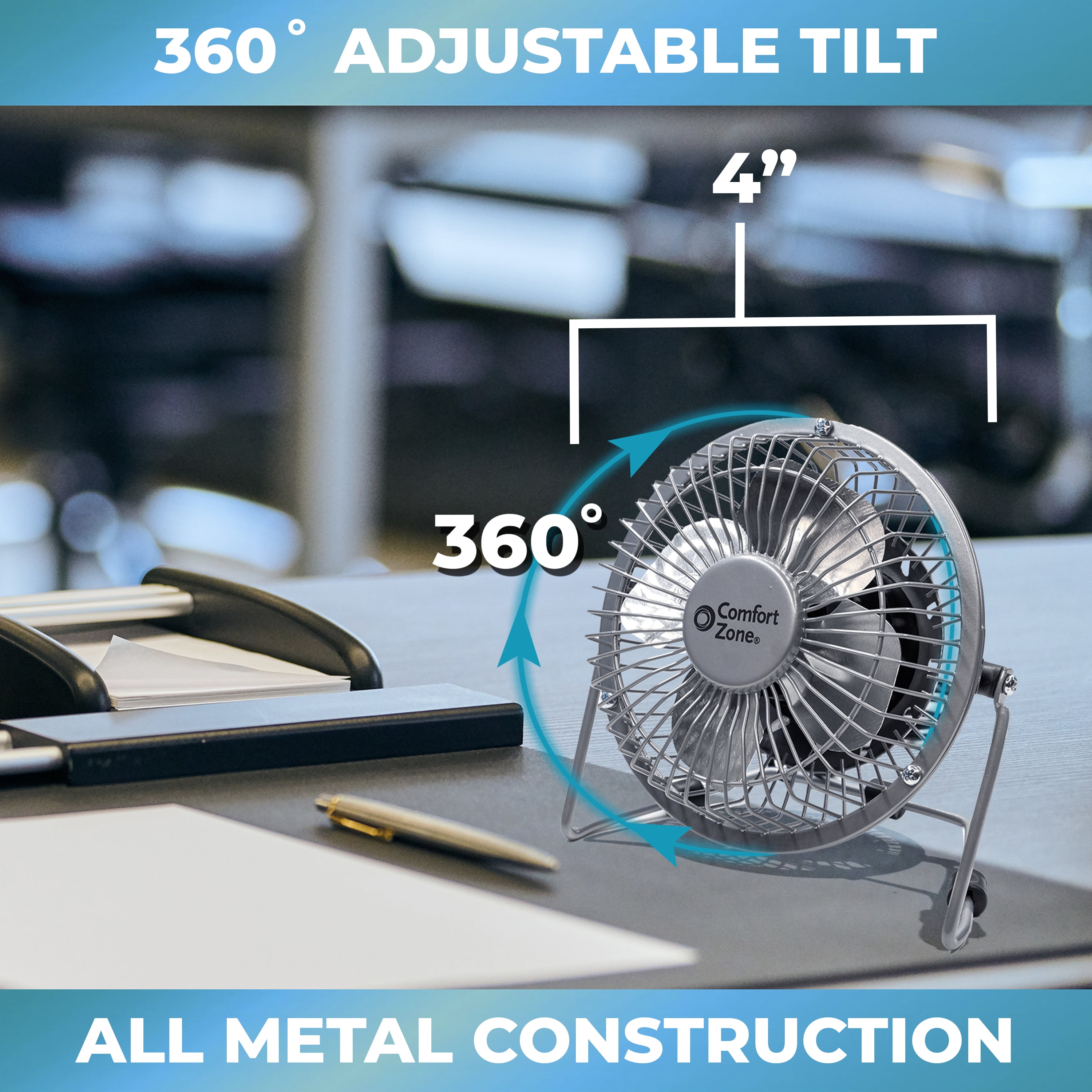 Comfort Zone 4 in Mini Portable Desk Fan, All-Metal, 360-Degree Adjustable Tilt, Dual Powered (Silver, 4 in) xp819