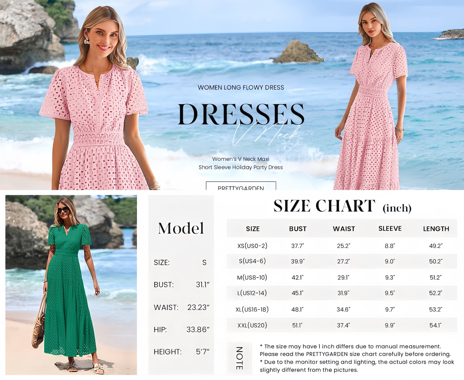 PRETTYGARDEN Womens Summer Maxi Dress V Neck Short Sleeve Eyelet A-Line Flowy Beach Vacation Dress (Pink, XL) x6cup