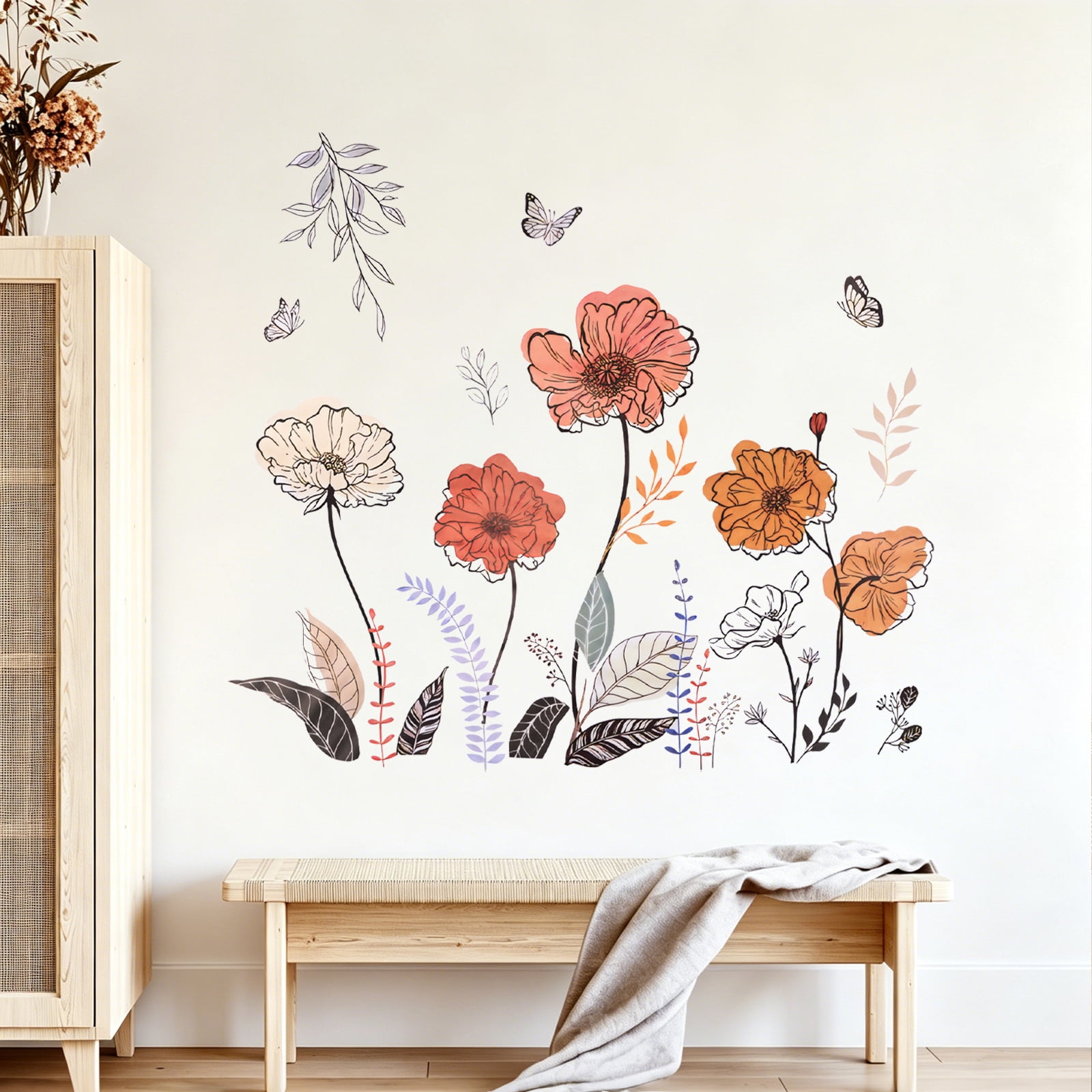 Jimin Boho Wildflower Wall Decals, Peel and Stick Floral Grass Art for Living Room Bedroom (Multicolor, 47.2 in x 15.7 in) 33i7p