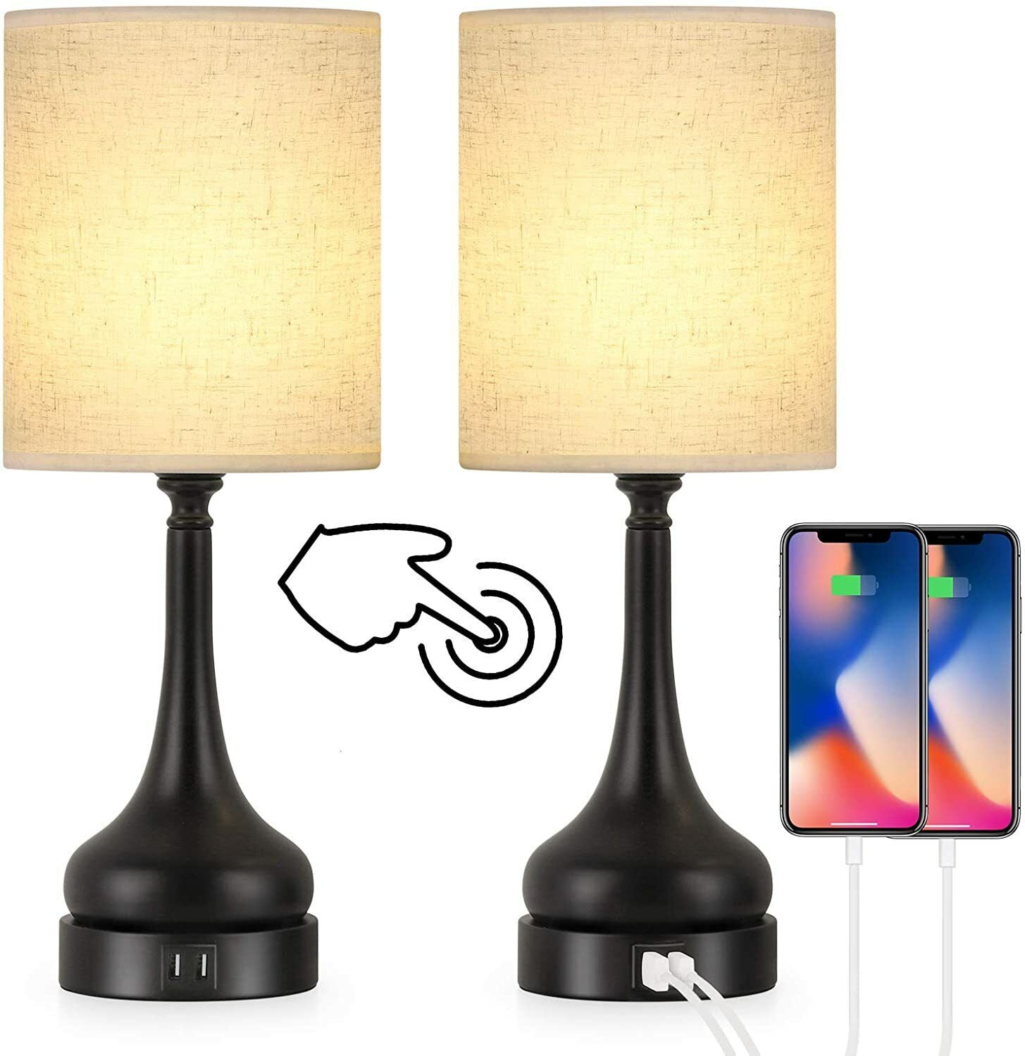 OLOV Touch Control Bedside Lamps with Dual USB Charging Ports (Black, 2 Pack) vl28j