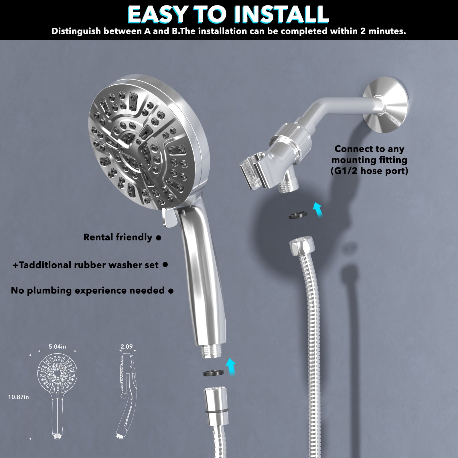 Cshidworld Filtered Handheld Shower Head, High Pressure 10-Spray Setting Showerhead with Chlorine Removal Filter for Hard Water (Chrome, 5 in) r6eai