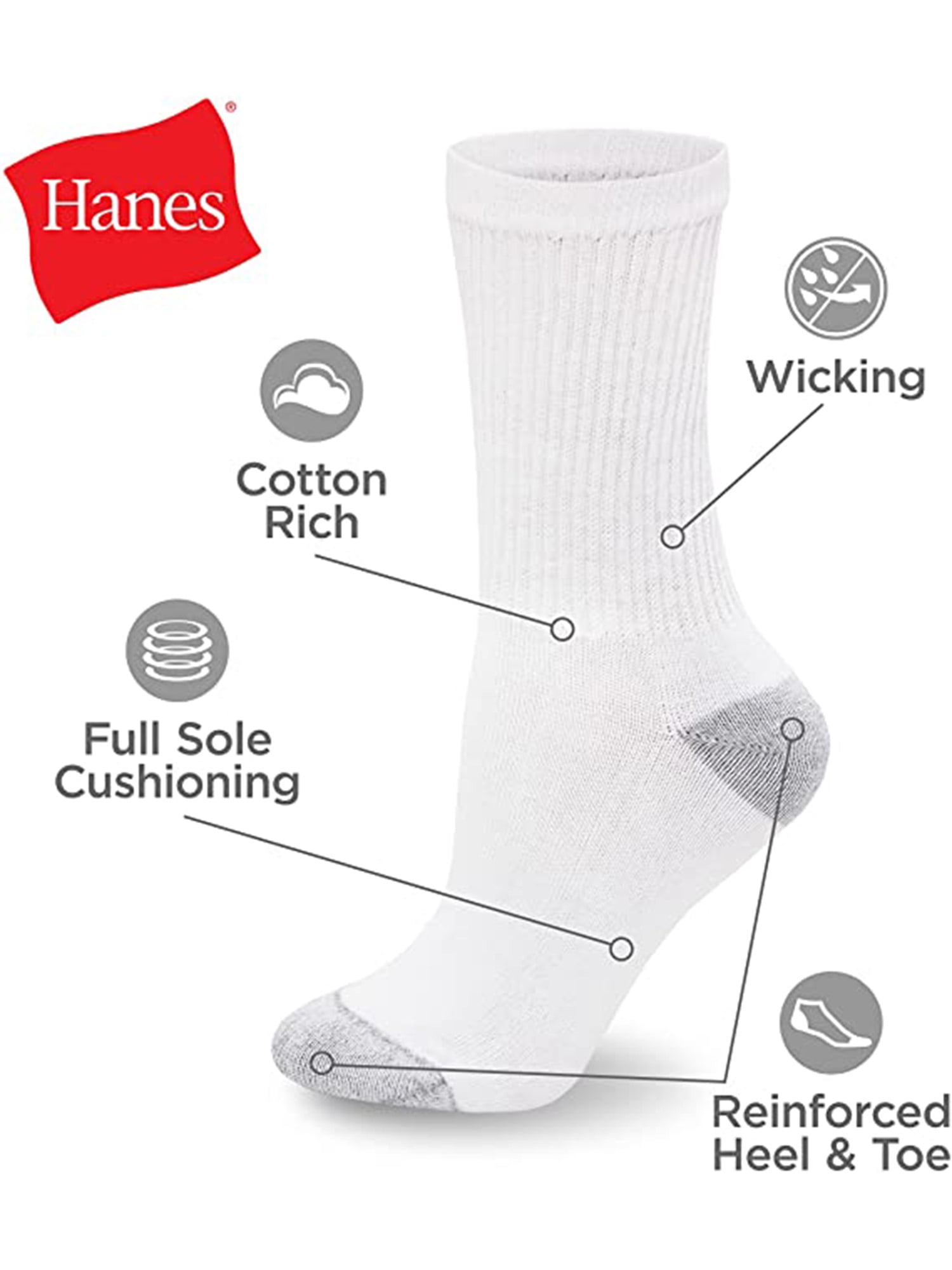 Hanes Women's Cushioned Athletic Crew Socks (White, 10-Pack, Size 5-9) j3bys