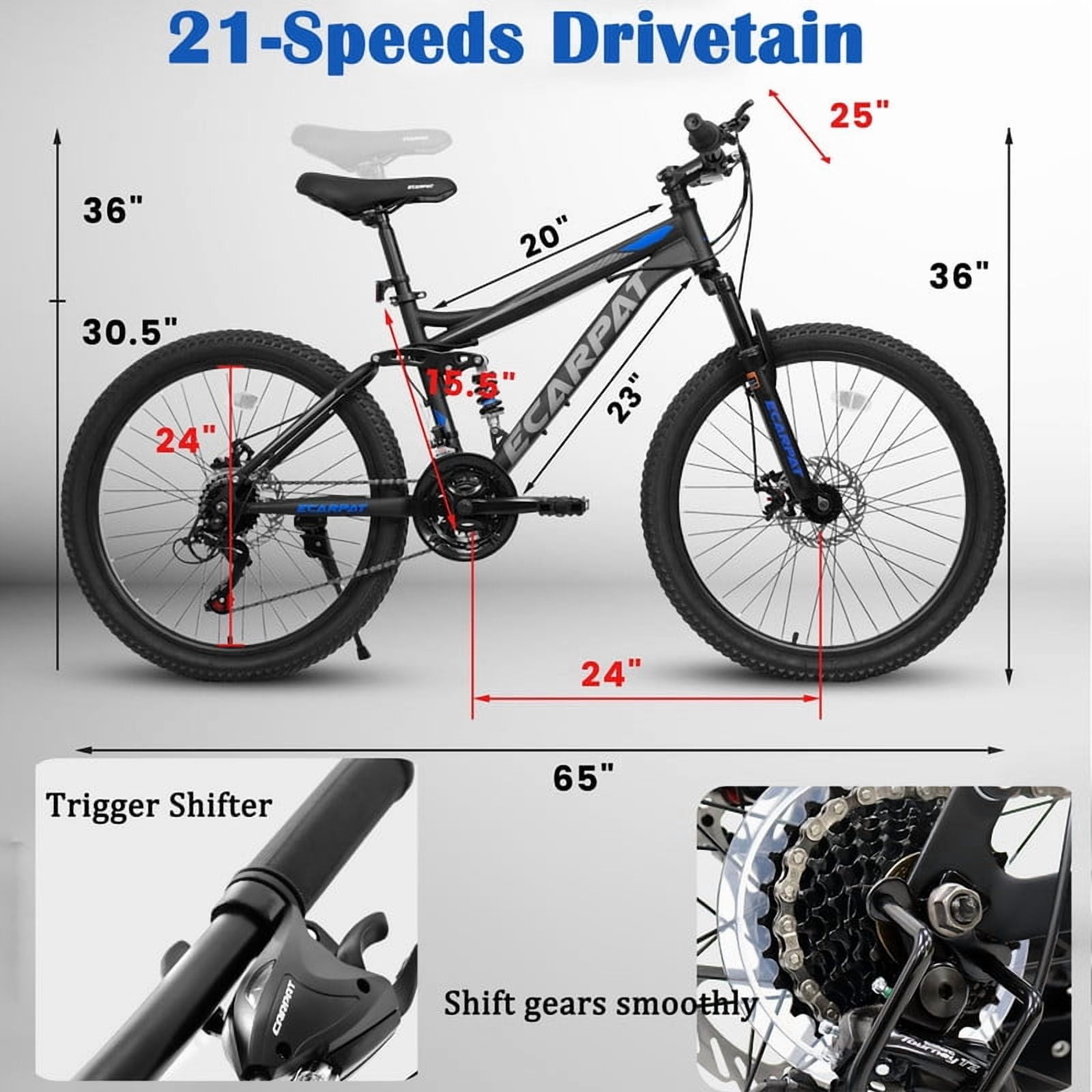 SYOSCHL 24 Inch Mountain Bike, 21-Speed Dual Full Suspension Bicycle with High Carbon Steel Frame (Black, 24 in) r14fp