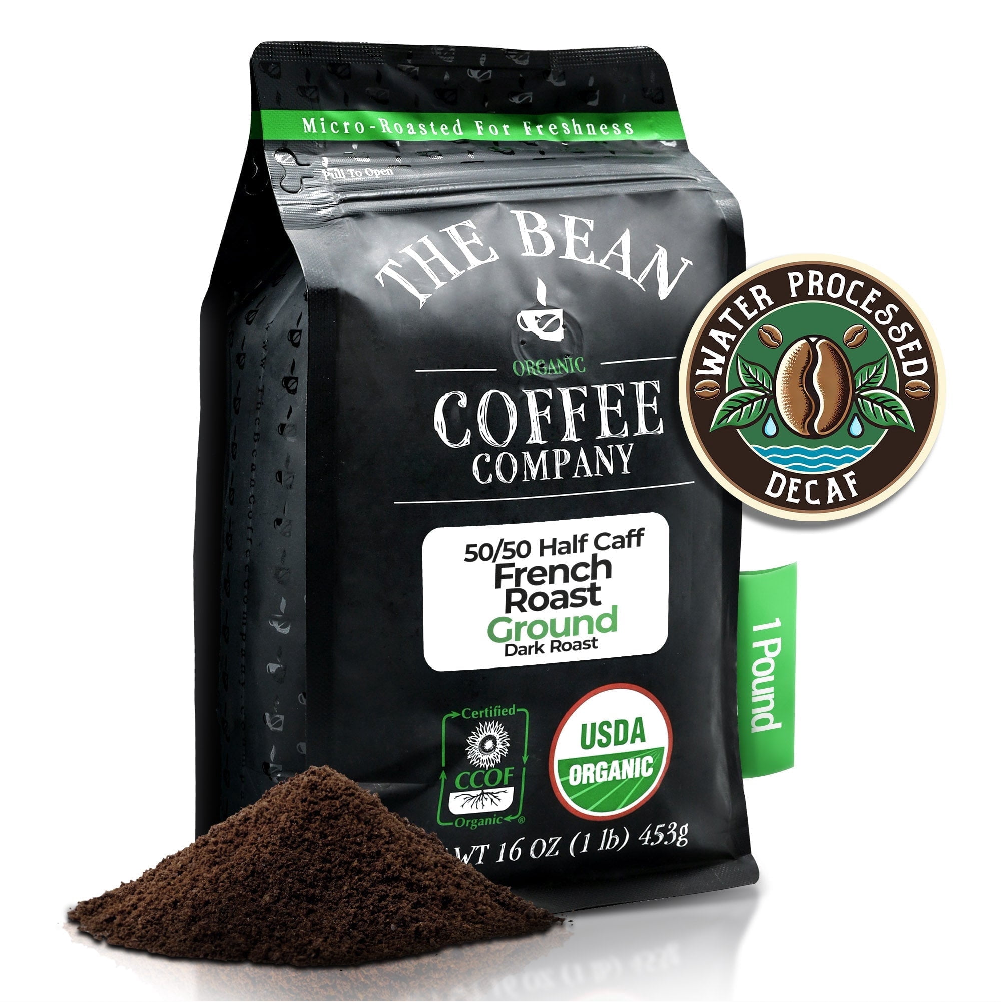 The Bean Organic Coffee Company 50/50 French Roast Ground Coffee, Dark Roast, Half-Caff Blend (16 oz) ah6wb