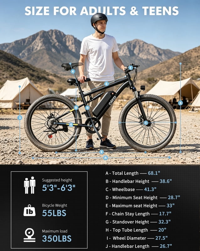 Qlife Racer 27.5 in Electric Mountain Bike, Full Suspension 21-Speed Ebike with 500W Motor and Removable Battery (Black, 27.5 in) 18xee
