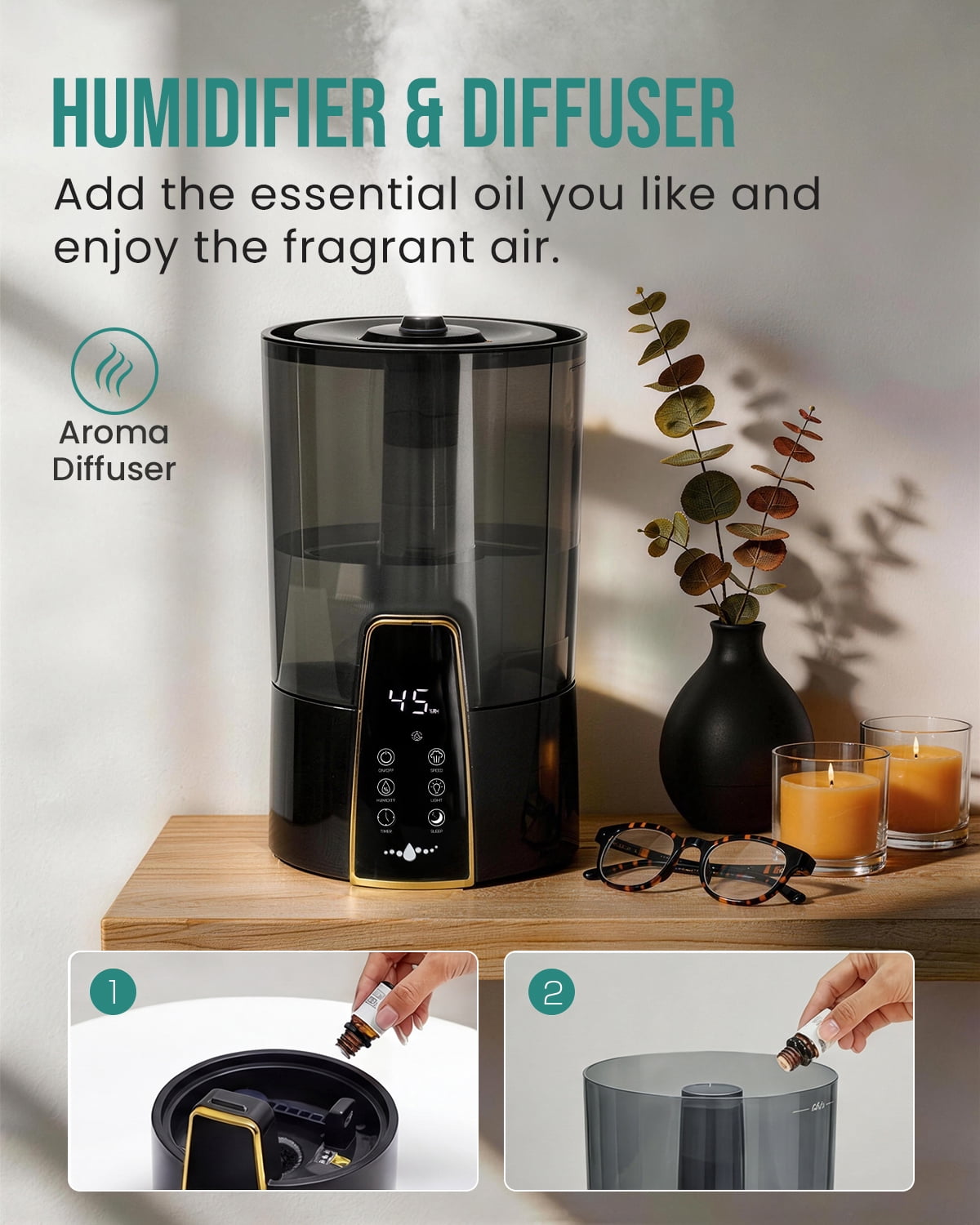 Lacidoll Ultrasonic Cool Mist Humidifier for Bedroom, Aroma Diffuser with Night Light, Top Fill & Dishwasher-Safe Tank (Black, 1.06 gal) 4cbyy