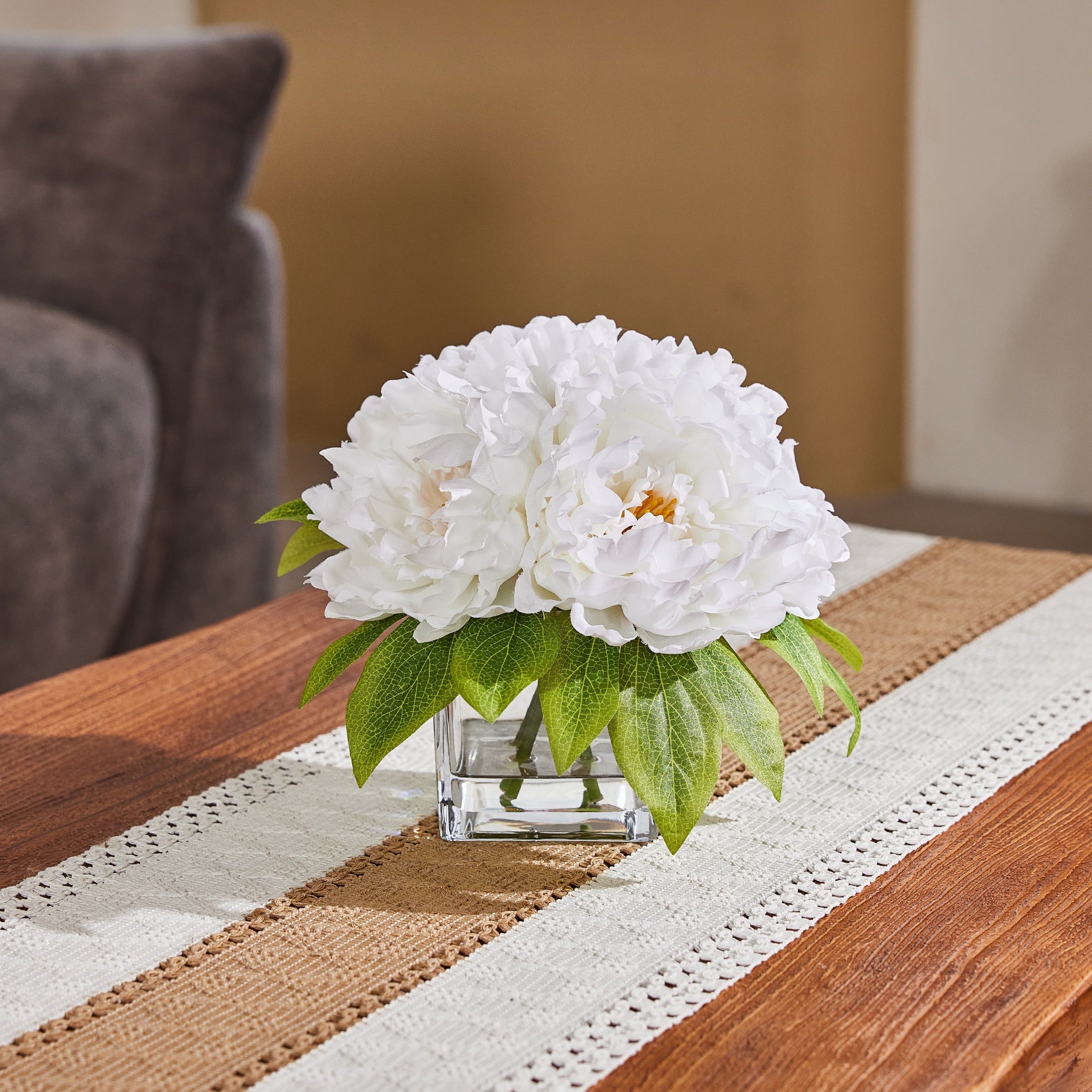 DR.Planzen Artificial Peony Flower Arrangement with Glass Vase (White, 8.4 in) mte3k