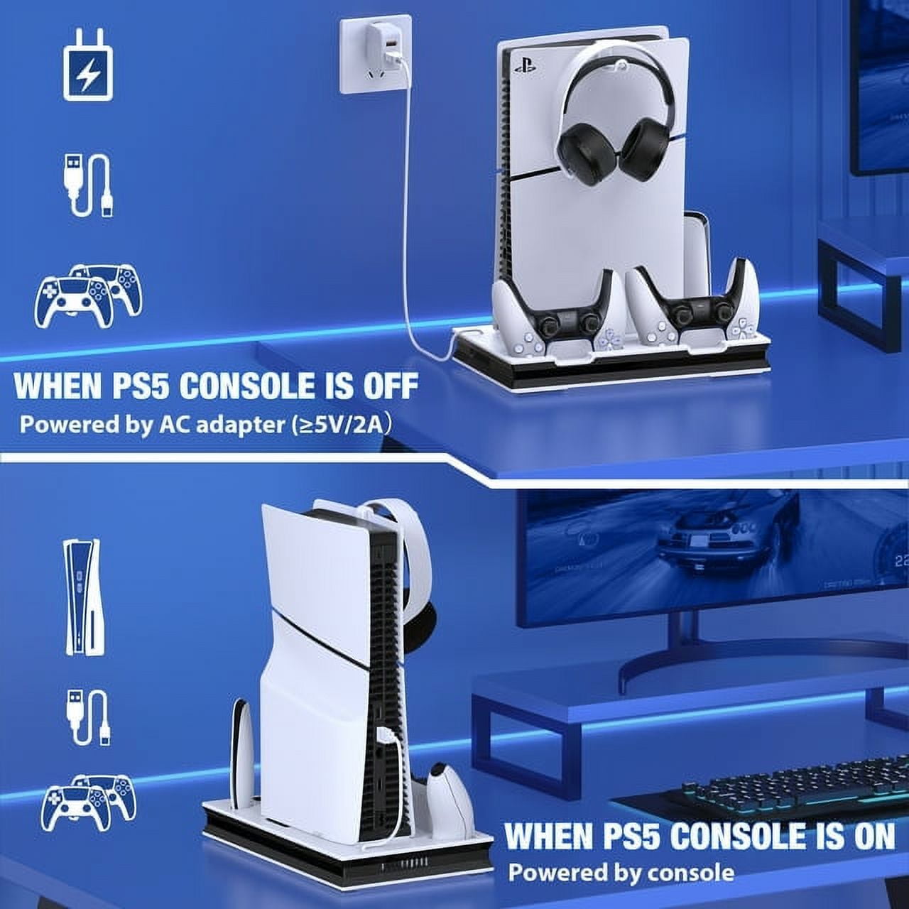Esywen PS5 Cooling Stand with Dual Controller Charger and Headset Hook (White, 1 Pack) 0zyq5