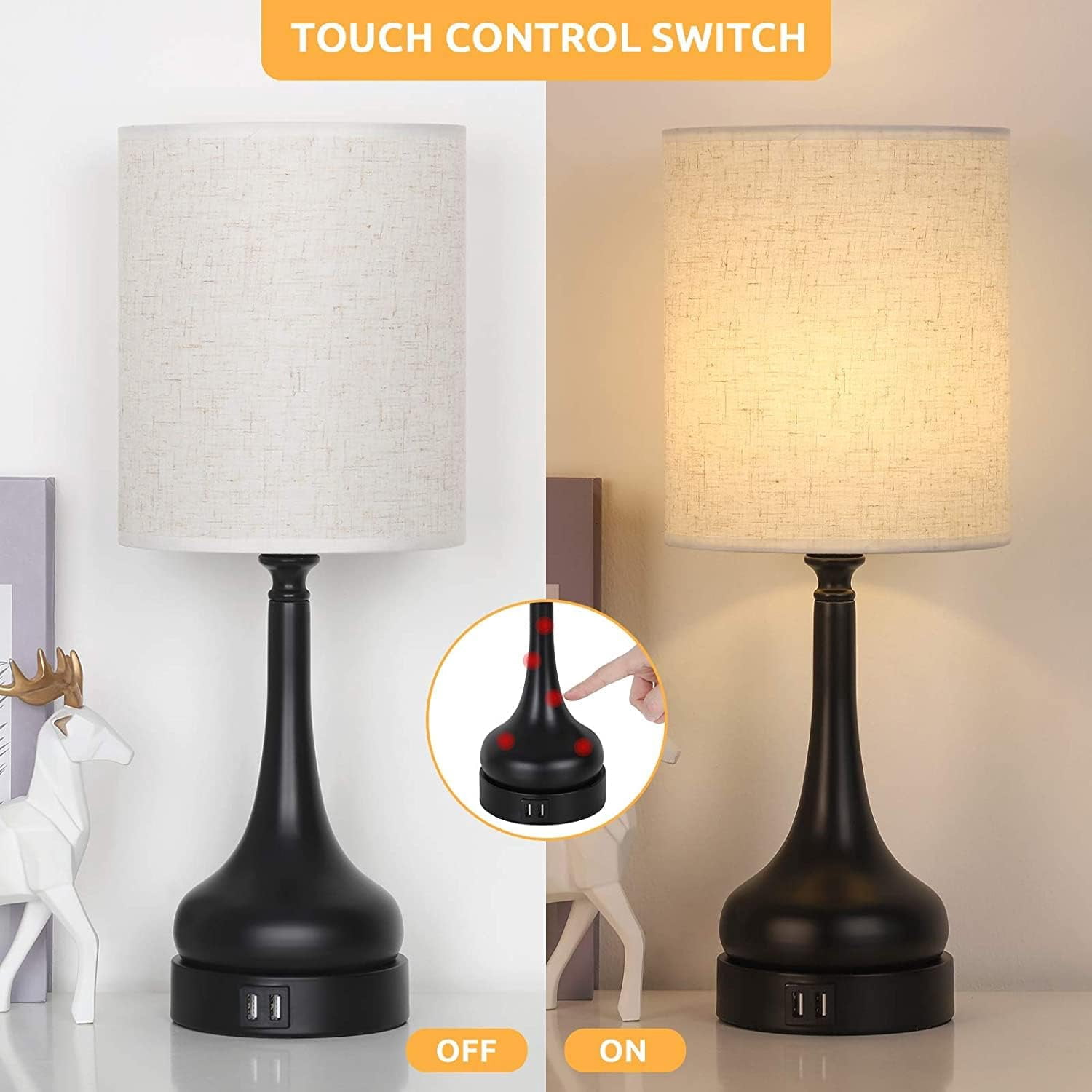 OLOV Touch Control Bedside Lamps with Dual USB Charging Ports (Black, 2 Pack) vl28j