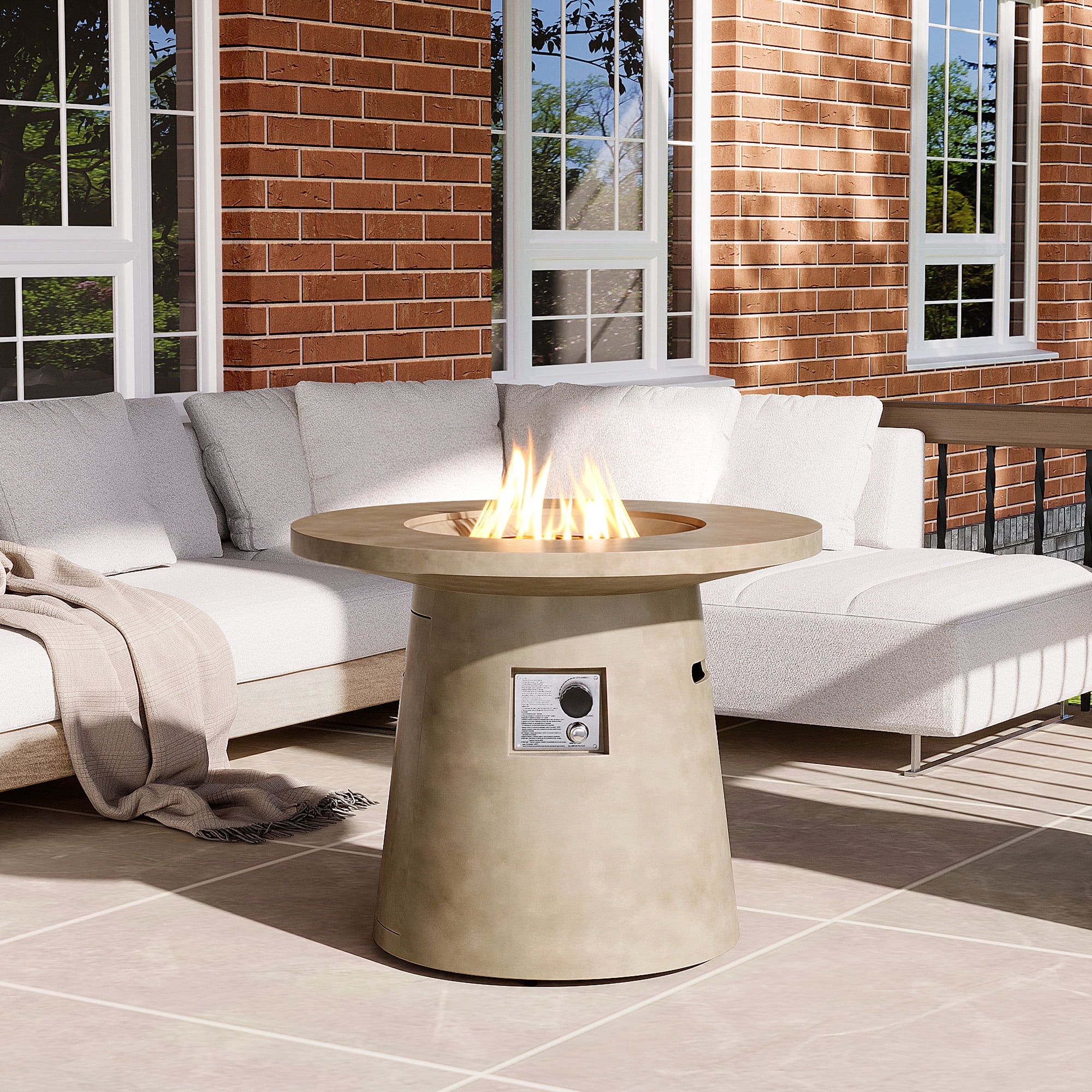COSITEST 31.5 in Round Propane Fire Pit Table, 40,000 BTU Concrete Outdoor Fireplace (Yellow, 31.5 in) 0qh48