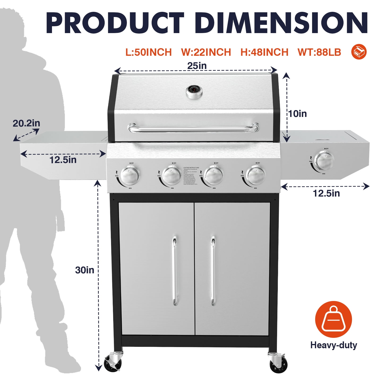 Frizi 4-Burner Gas Grill with Side Burner, Stainless Steel Propane BBQ for Patio and Camping (60,000 BTU) z8ws2