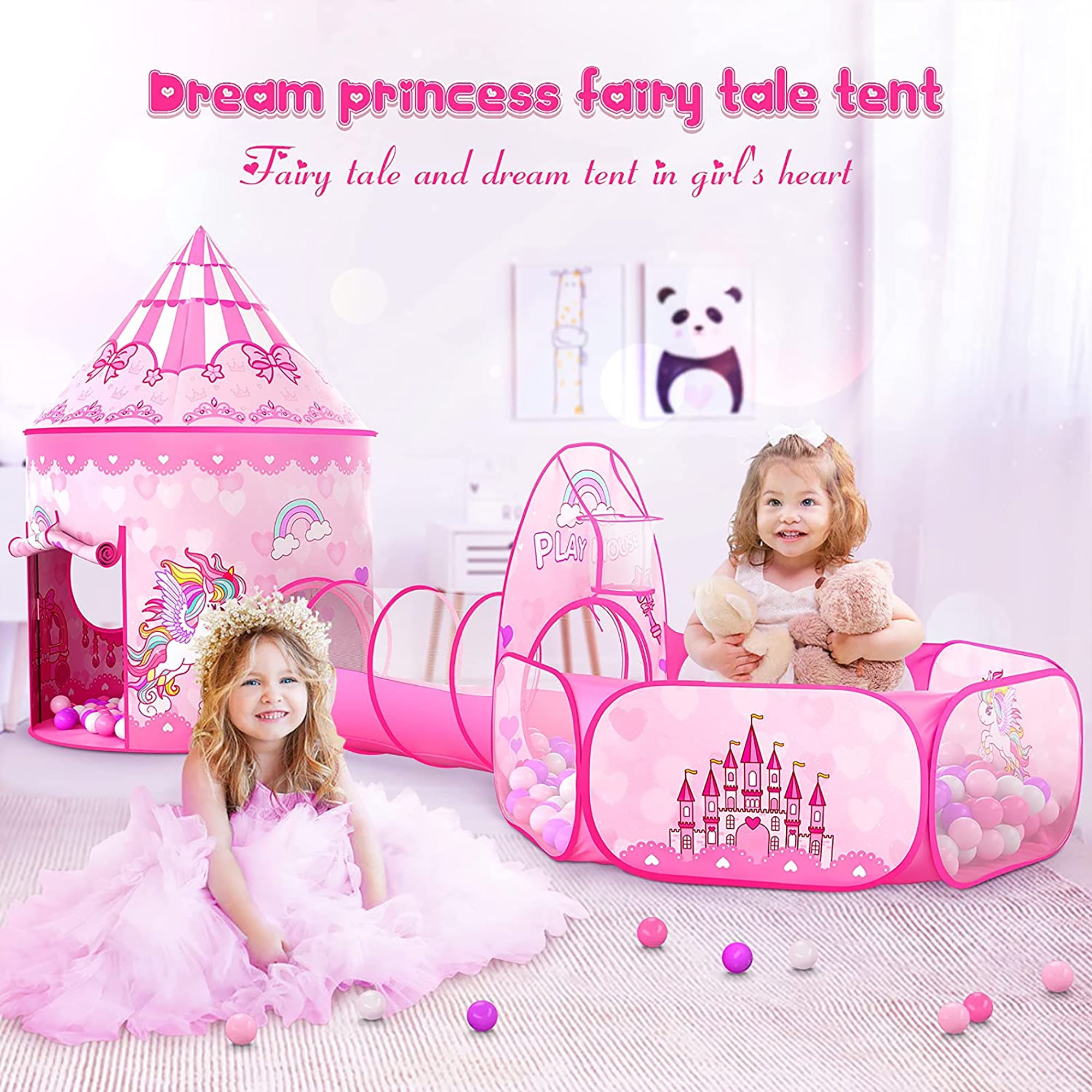 Wilwolfer Kids Play Tent and Tunnel Set with Ball Pit for Indoor and Outdoor Fun (Pink, 3-Piece Set) yqad5