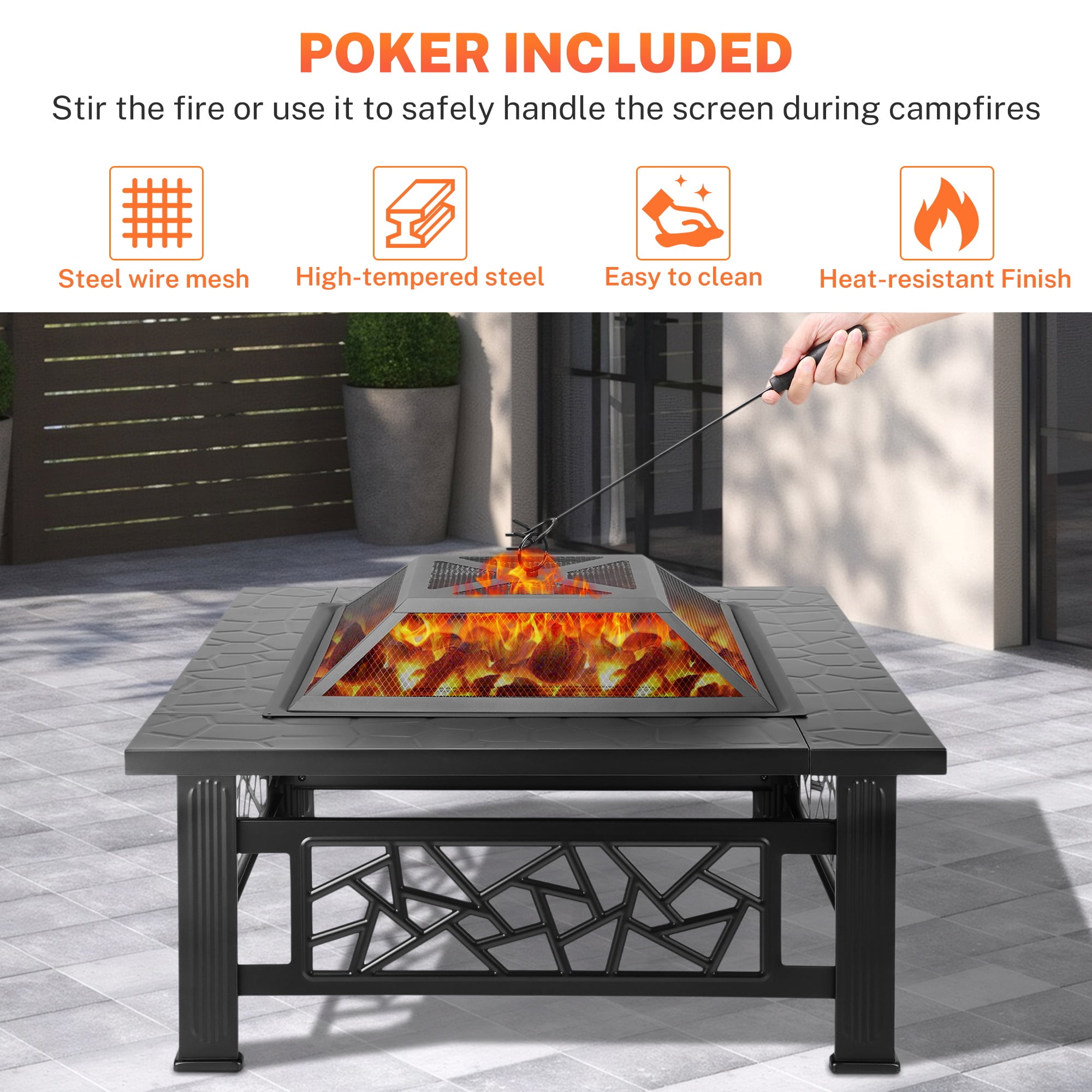 Segmart 32 in Square Outdoor Fire Pit with Spark Screen and Lid (Black, 32 in) 6juqy