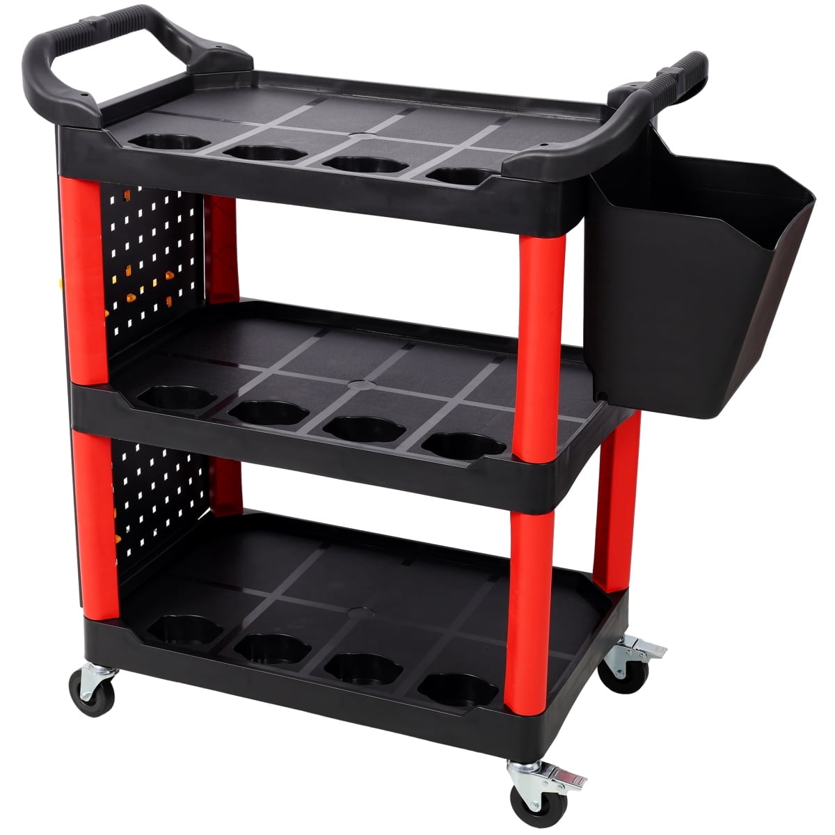LuckyNote 3-Tier Rolling Auto Detail Cart with Pegboard and Hanging Bucket (Red and Black, 300 lb Capacity) 04so6