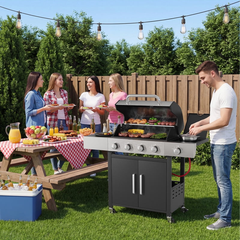 Opohoro 4-Burner Propane Gas Grill with Side Burner (465 Sq. In. Cooking Area, Black) 58n4x